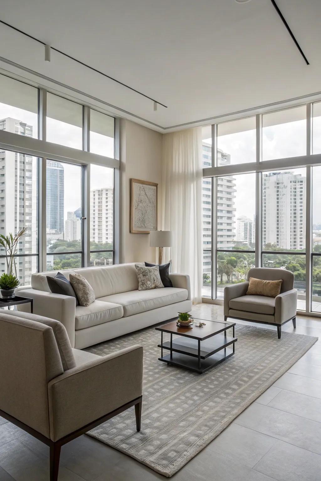 Sleek furniture maintaining openness in a condo living area.