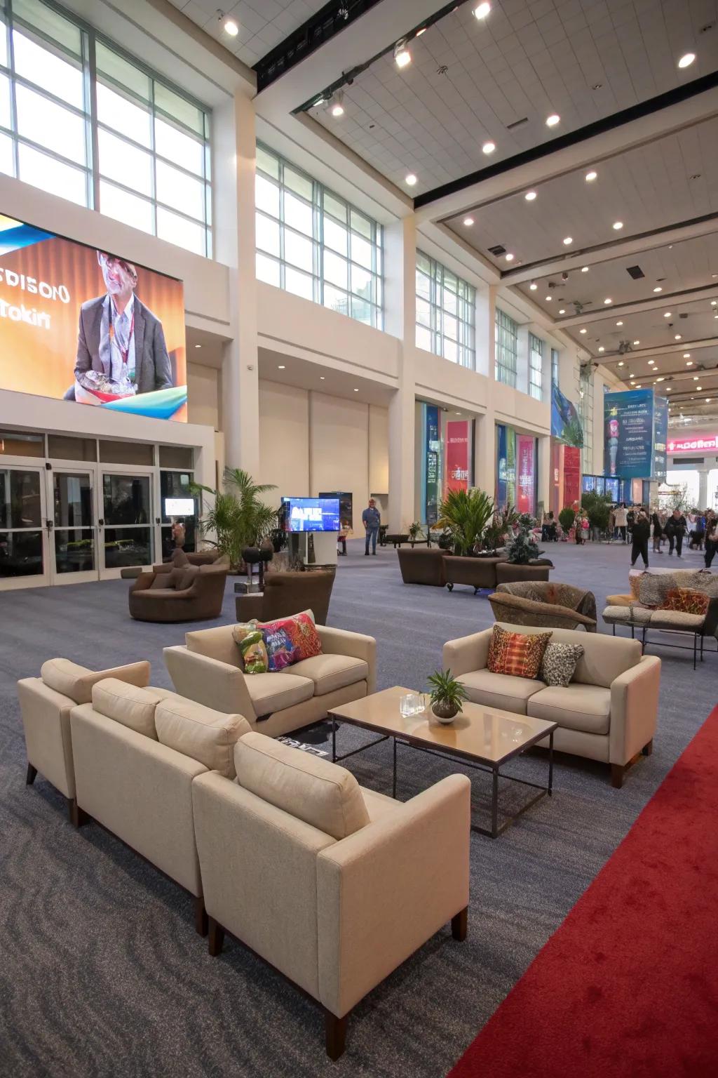 Interactive lounges promote networking and connections.