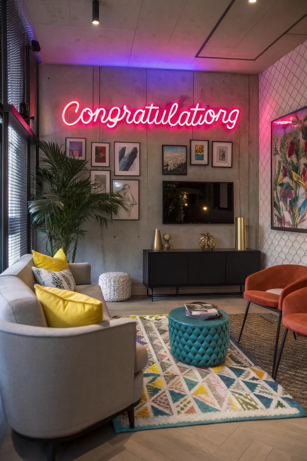 Light-up signage introduces a contemporary, vibrant element to your decor.
