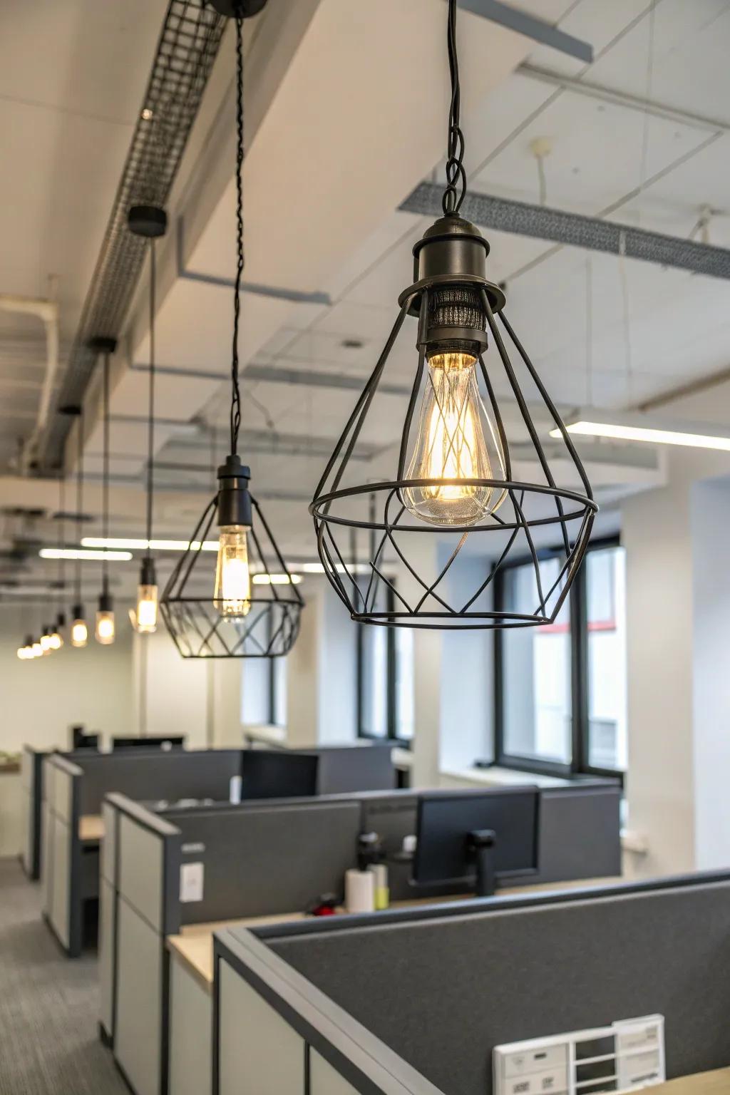 Industrial-inspired lighting solutions providing ample light in an office.