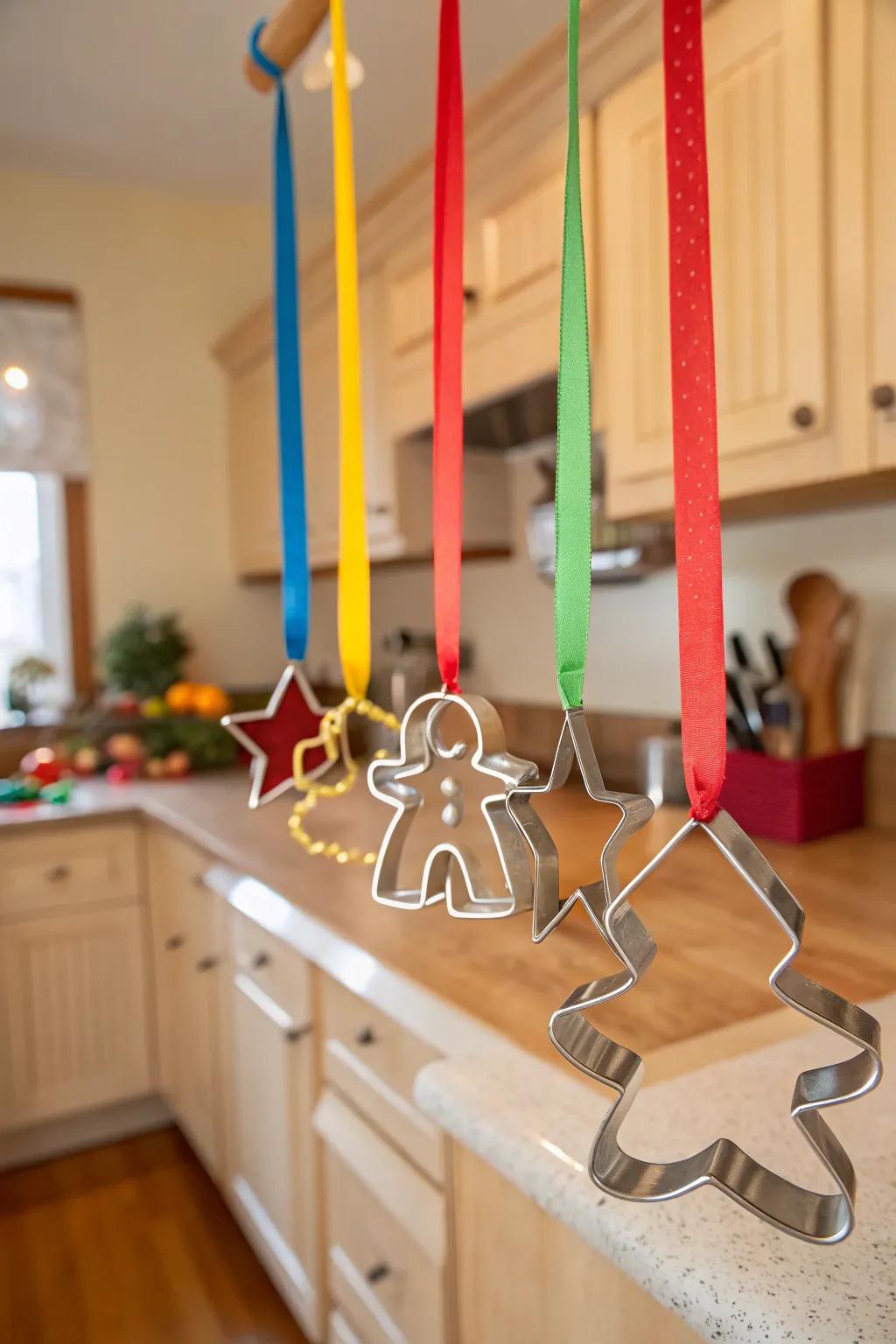 Holiday cookie embossers suspended from decorative strips.