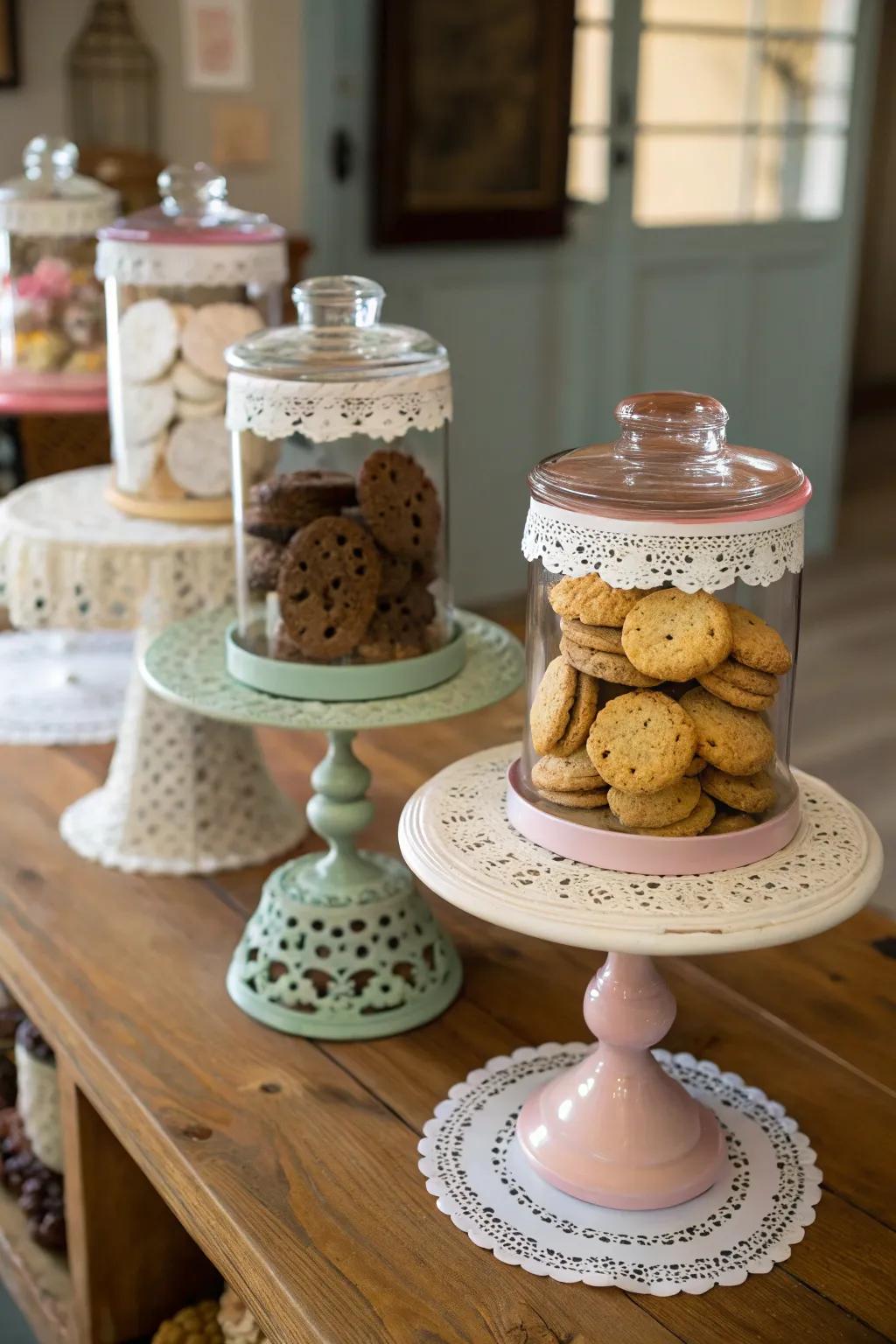 Vintage dessert platforms enhance displays.