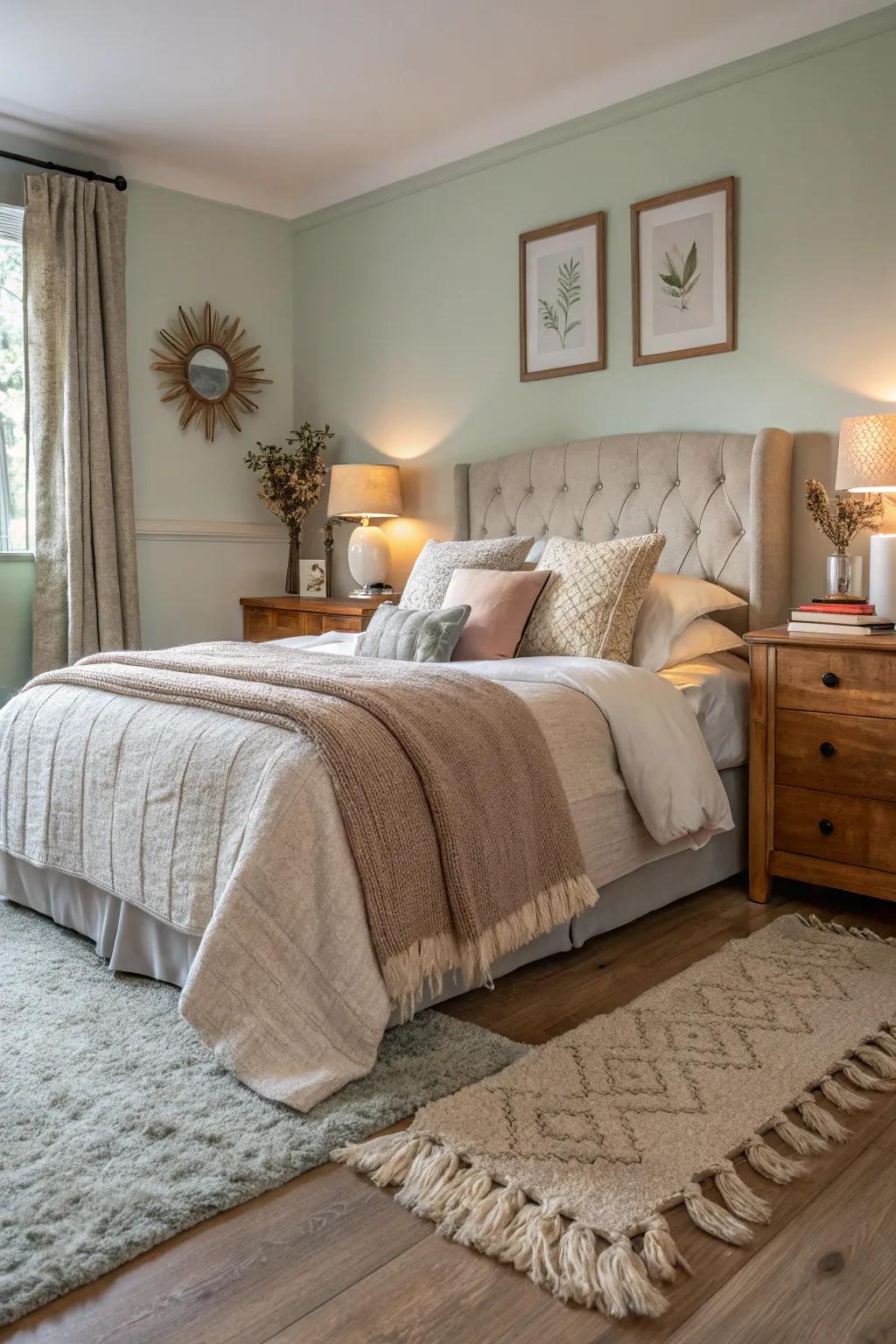 Comforting fabrics enhance comfort and warmth in the bedroom.
