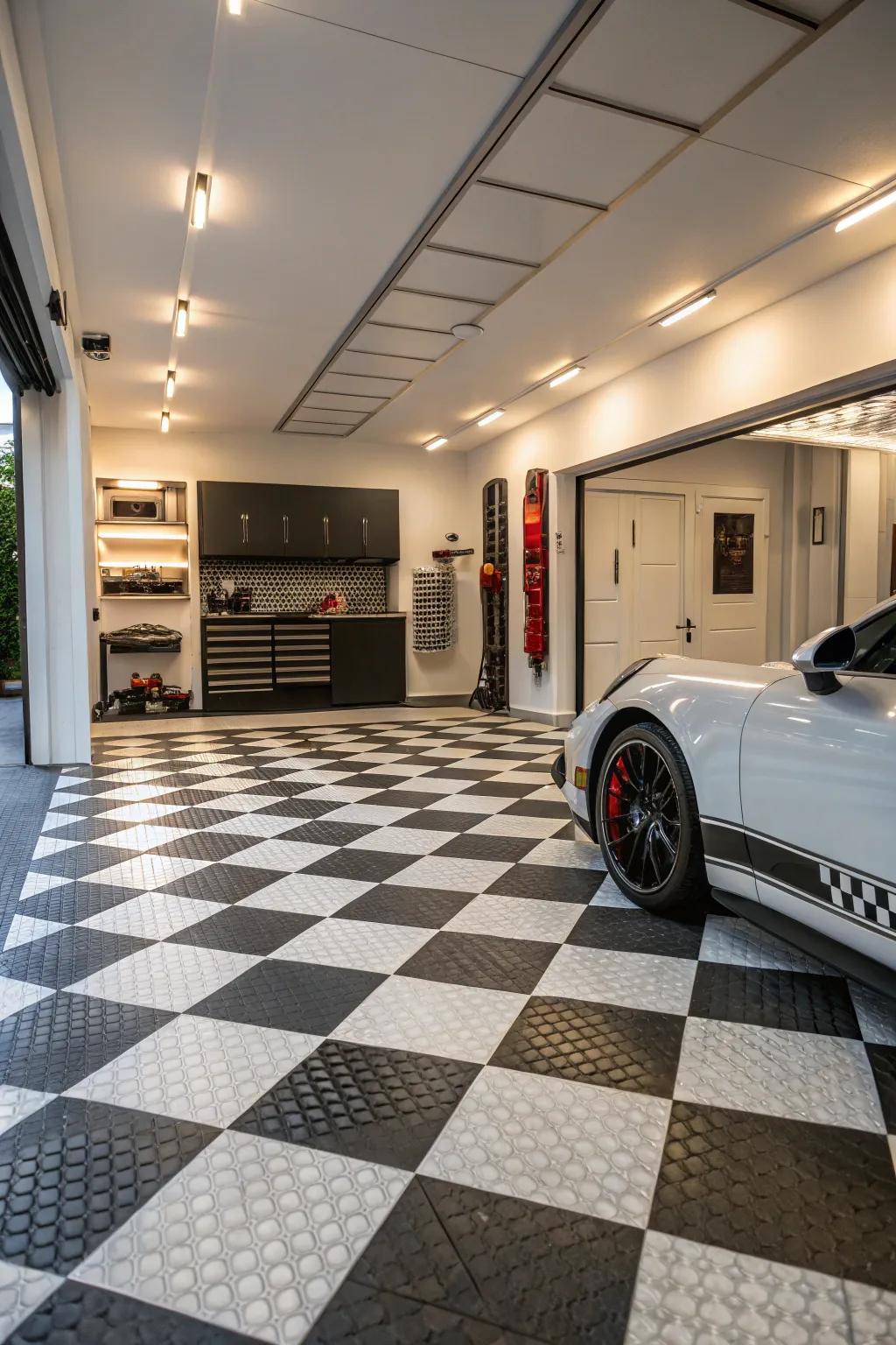 A garage featuring stylish checkerboard flooring.