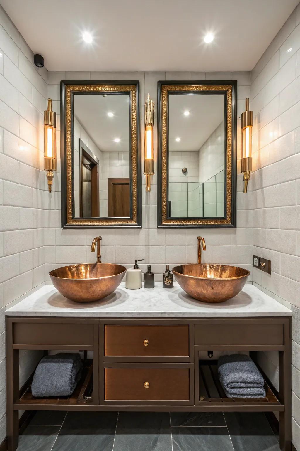In this bathroom, symmetry and balance take center stage, all revolving around a striking copper sink.
