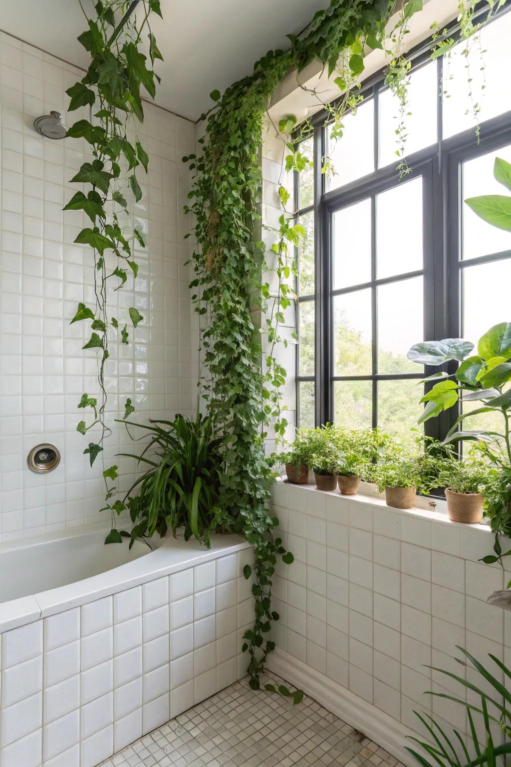 Vertical greenery adds a refreshing touch to bathroom corners.