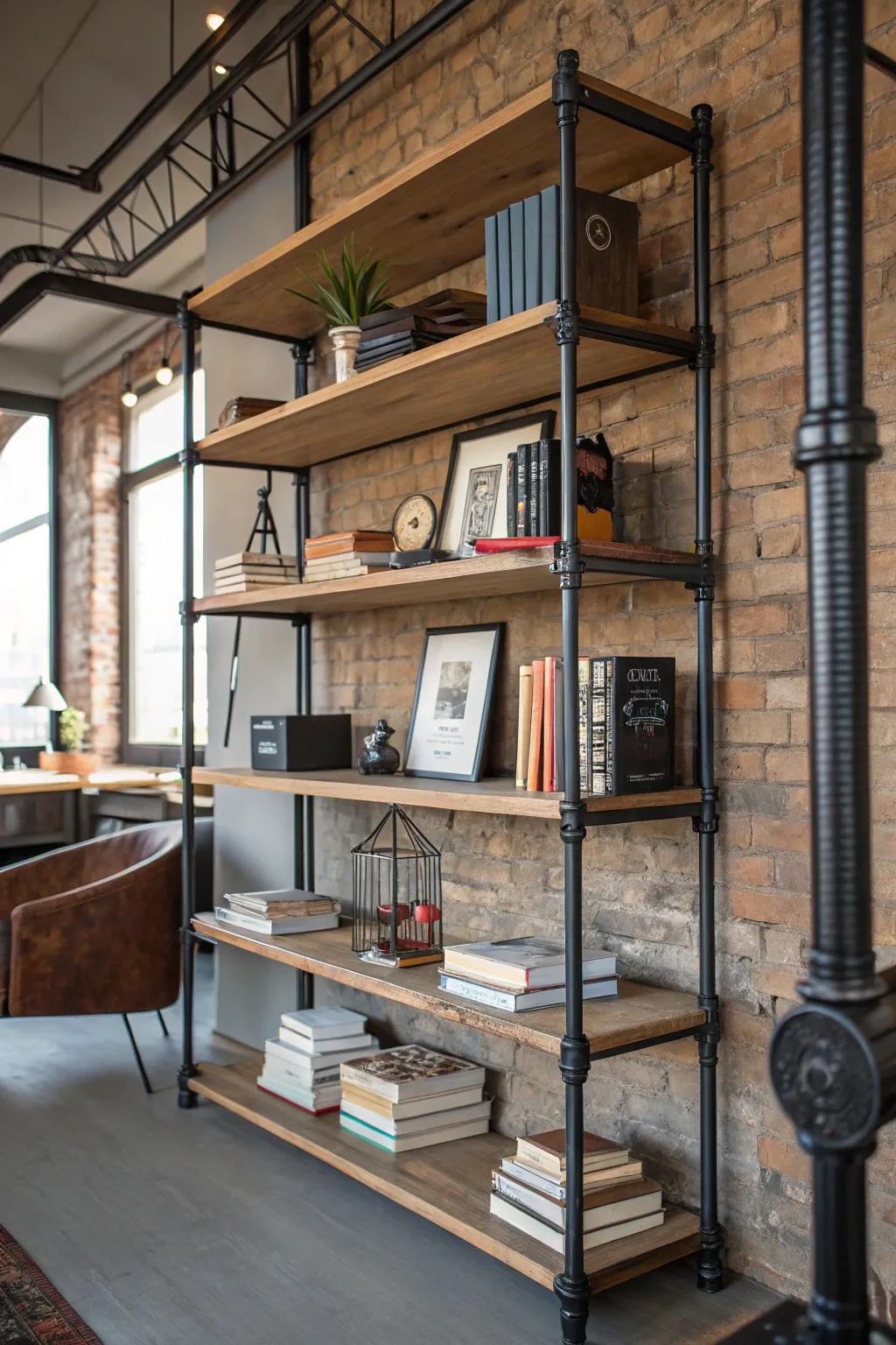 Industrial piping shelves offer a distinct, urban aesthetic.