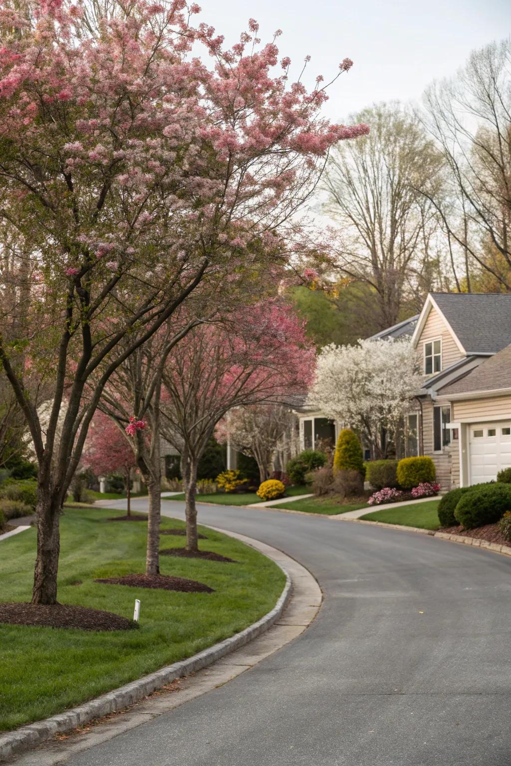 Ornamental trees introducing vertical height and seasonal colors to a driveway's setting.