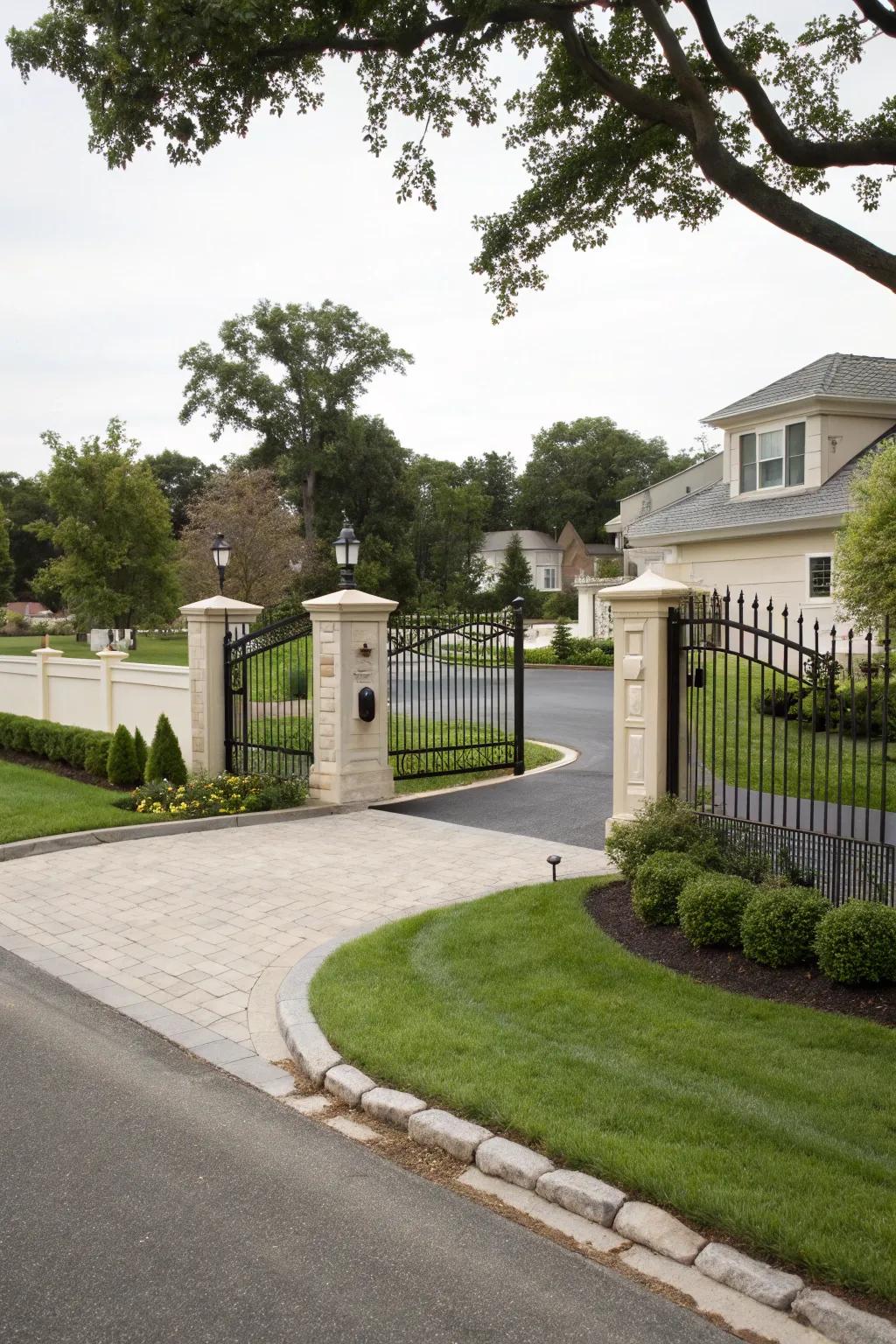 Sophisticated fencing and gates adding style to the driveway.