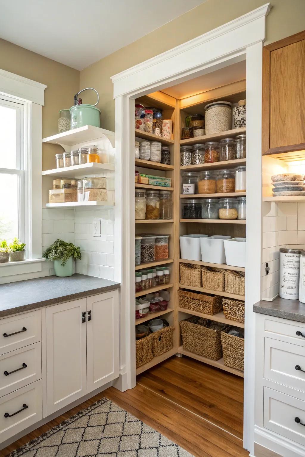 A compact corner pantry solution in a small kitchen.