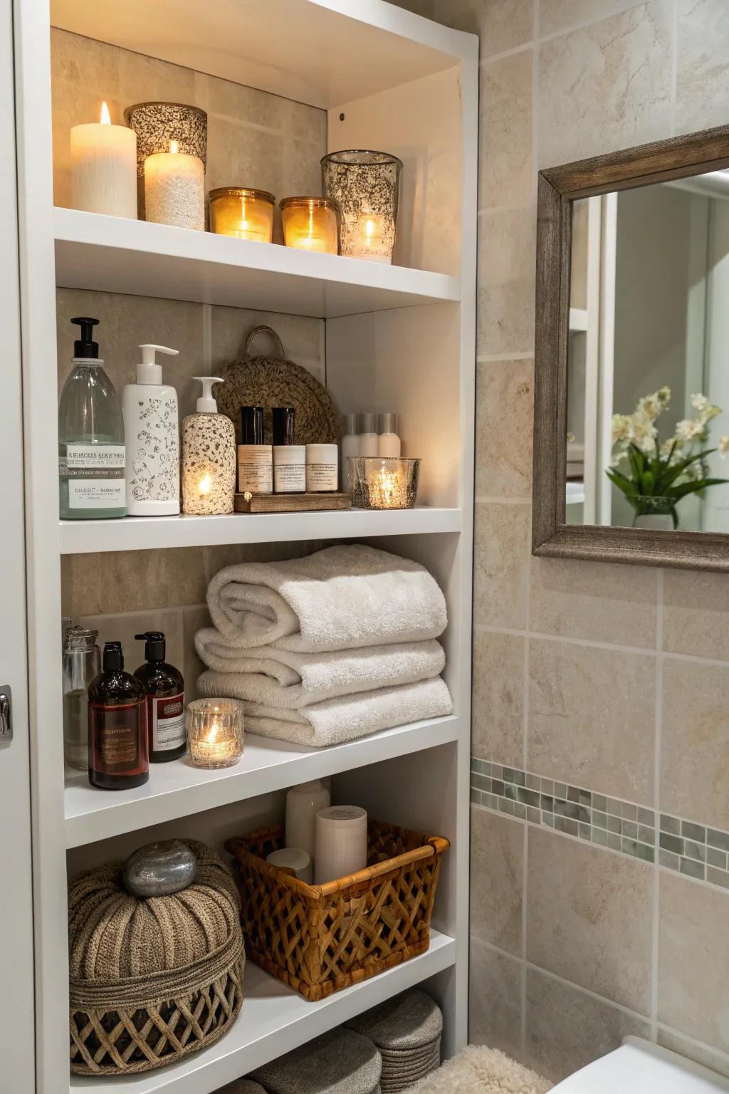 Bathroom corner shelves with towels and toiletries.