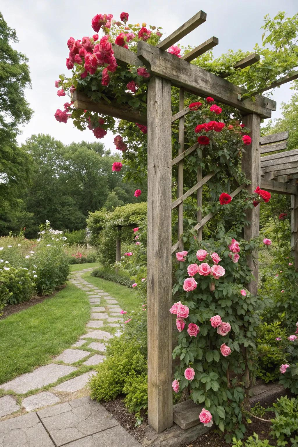 A rustic trellis adorned with blooming roses.