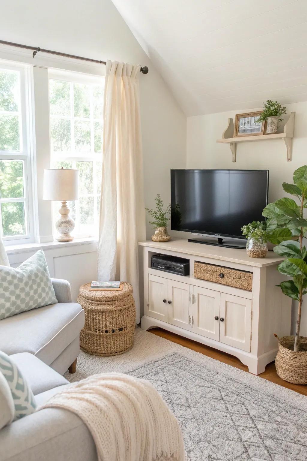Bright colors and natural light create an open and inviting corner TV space.