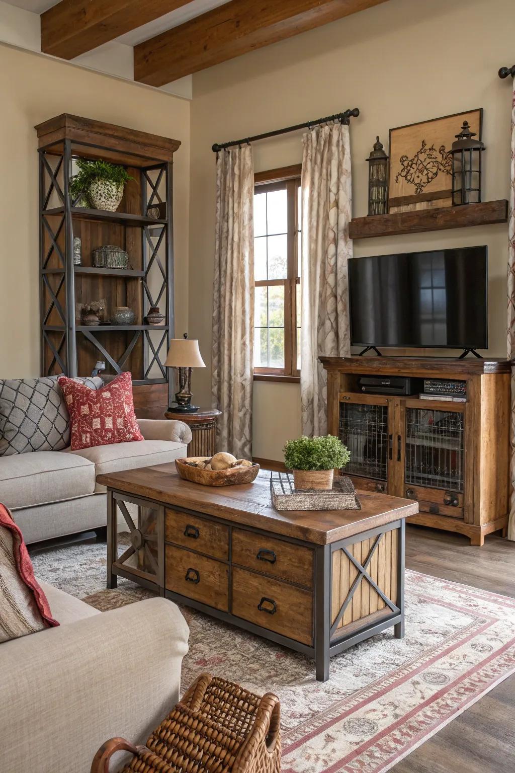 A mix of materials introduces depth and intrigue to the room.