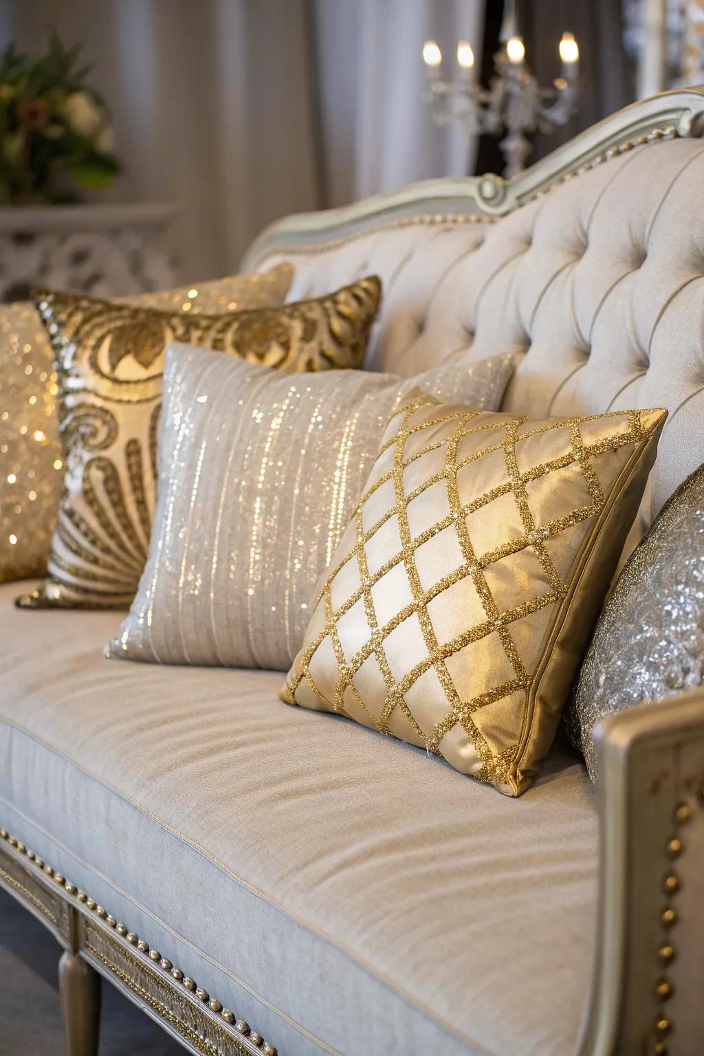 Luxurious cushions contribute a nuance of glamour to the room.