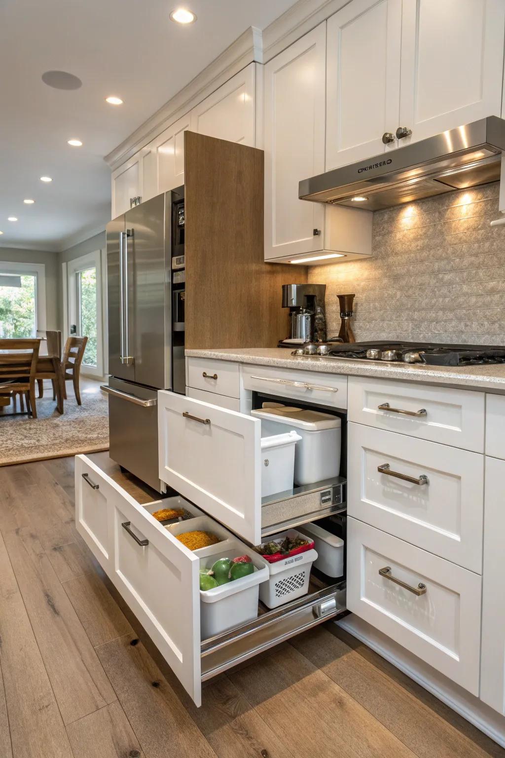 Innovative hidden storage in end caps keeps this kitchen clutter-free.