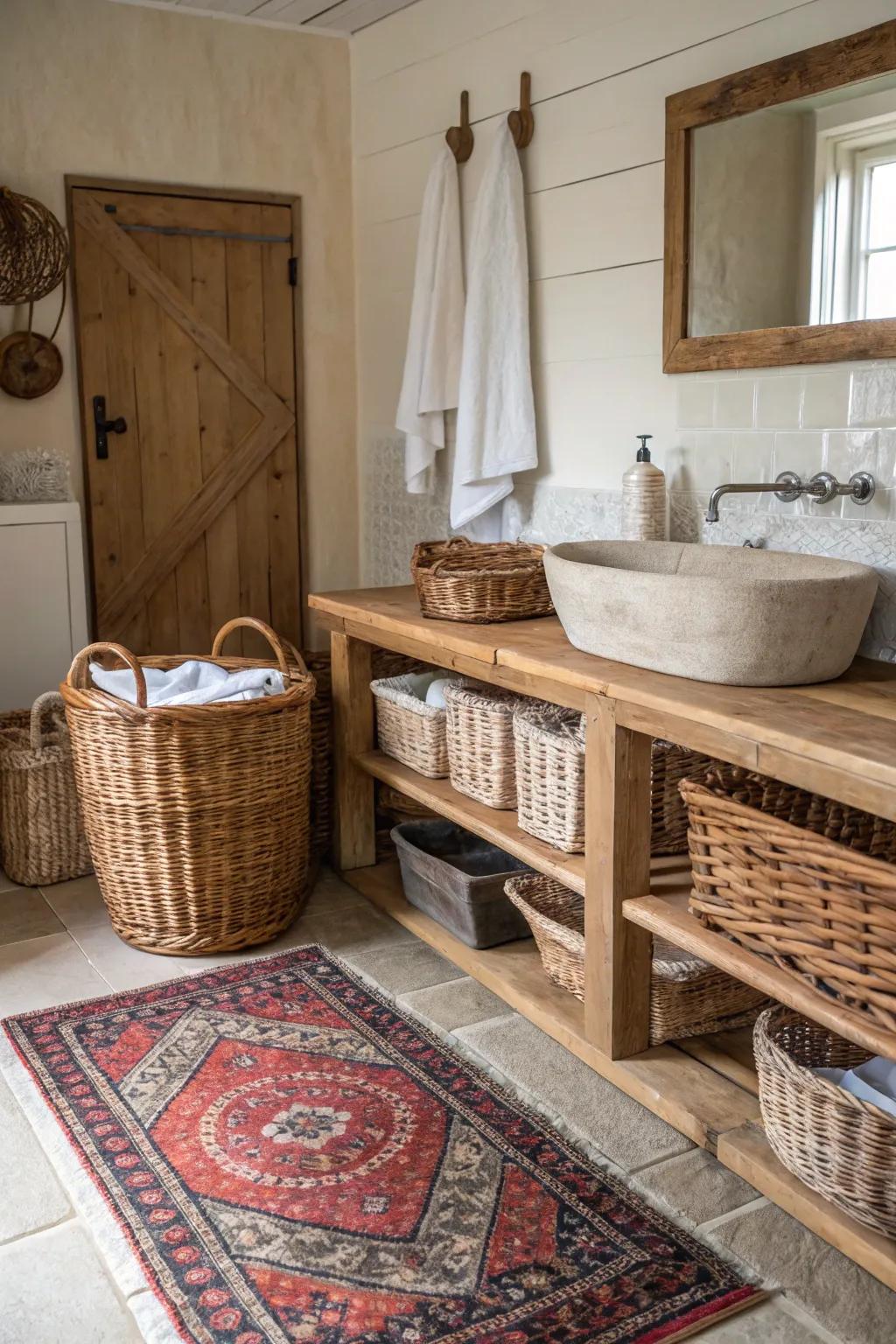 Decorative details like baskets and rugs enhance this cozy bathroom.