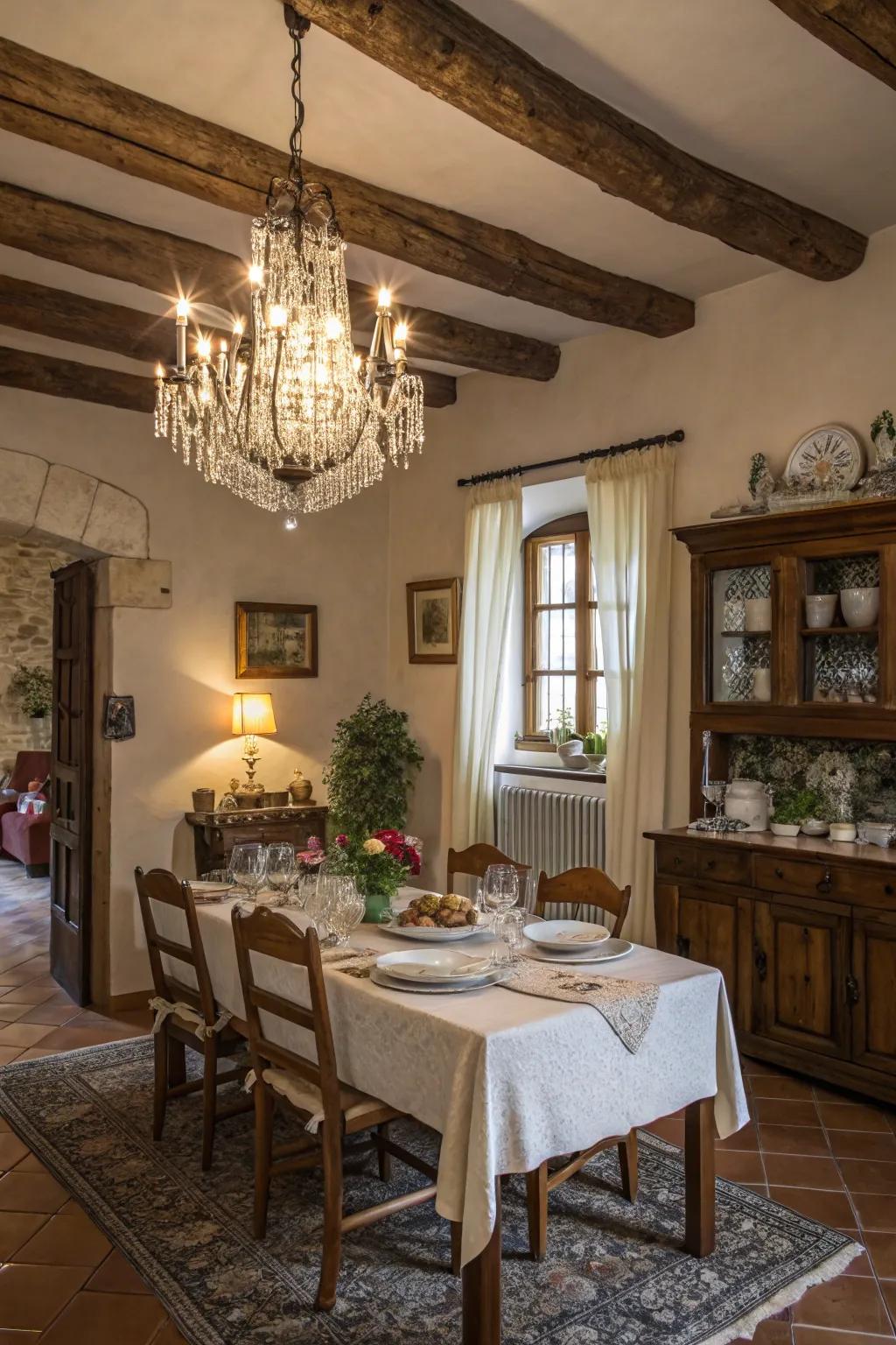 A dining area with a chandelier providing warm, soft lighting.