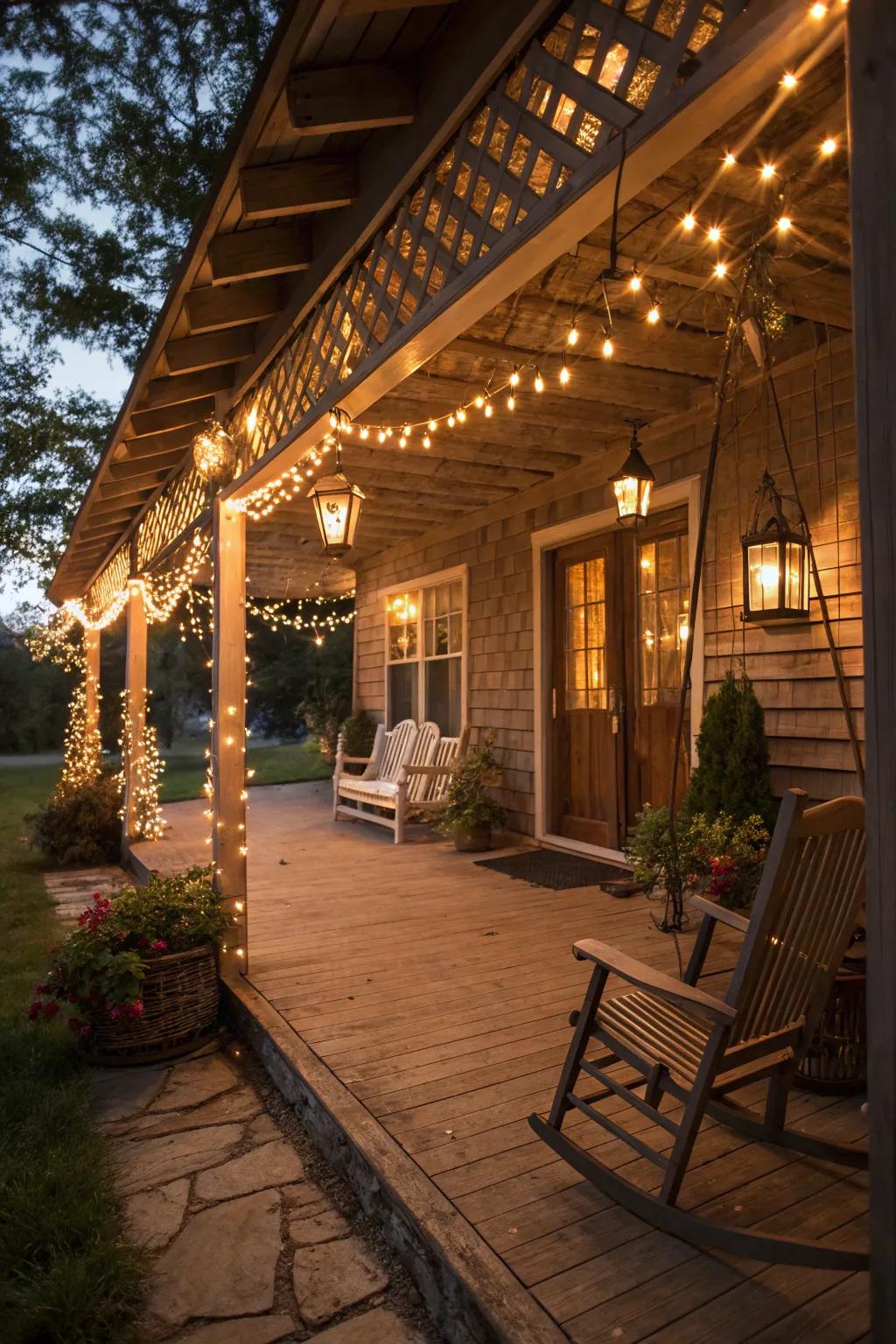 Ambient lighting sets a cozy tone for evenings on the porch.