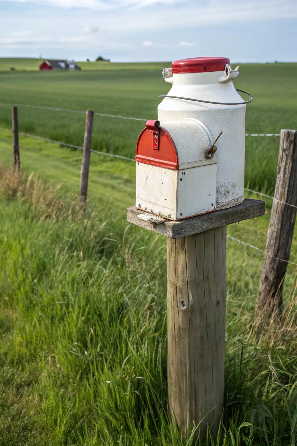 A milk can mailbox pays homage to the agricultural past.