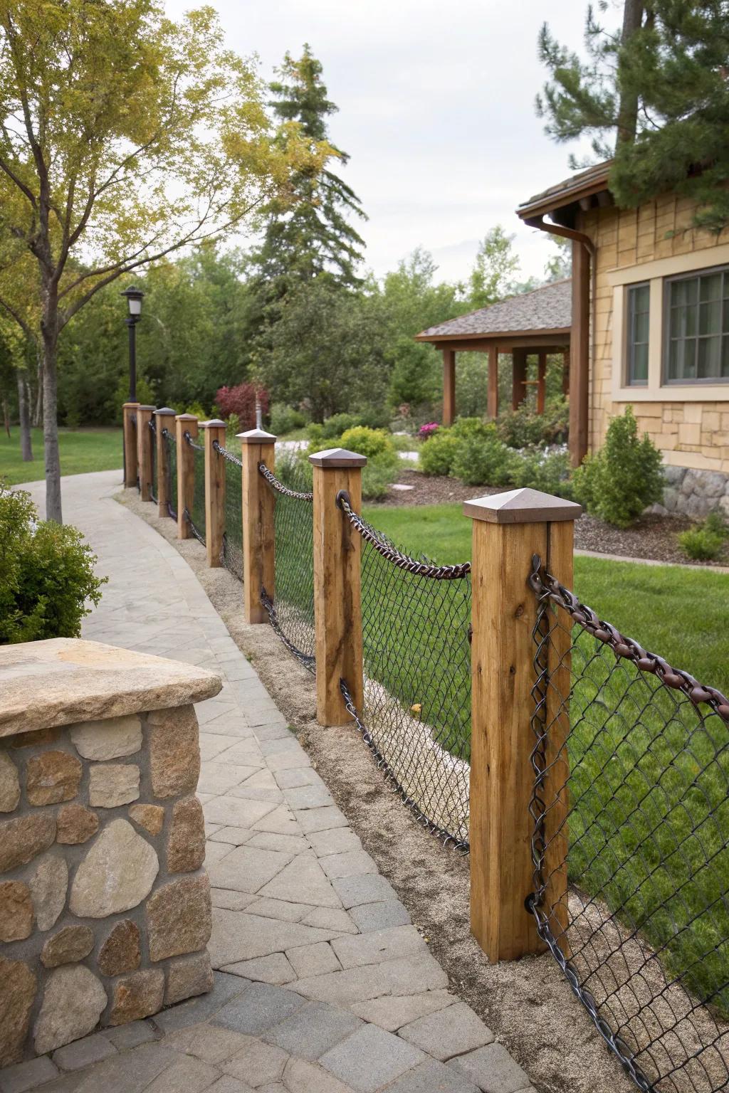 Stone, wood, and chain link blend for a fence that’s both gorgeous and sturdy.