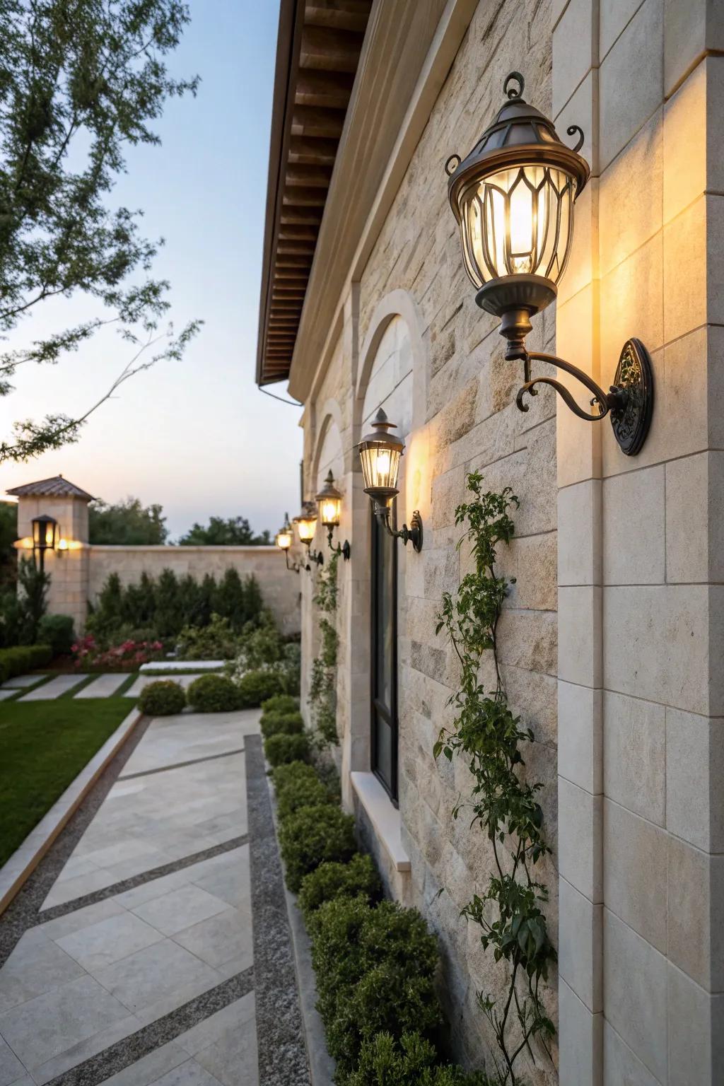 Wall-mounted lights append refinement and safety to the courtyard.