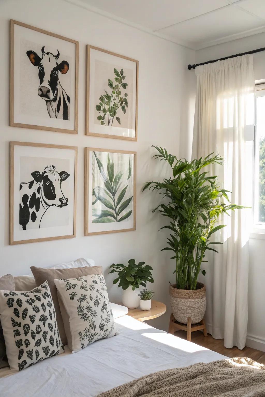 Cow print artwork establishes a unique focal point in any space.