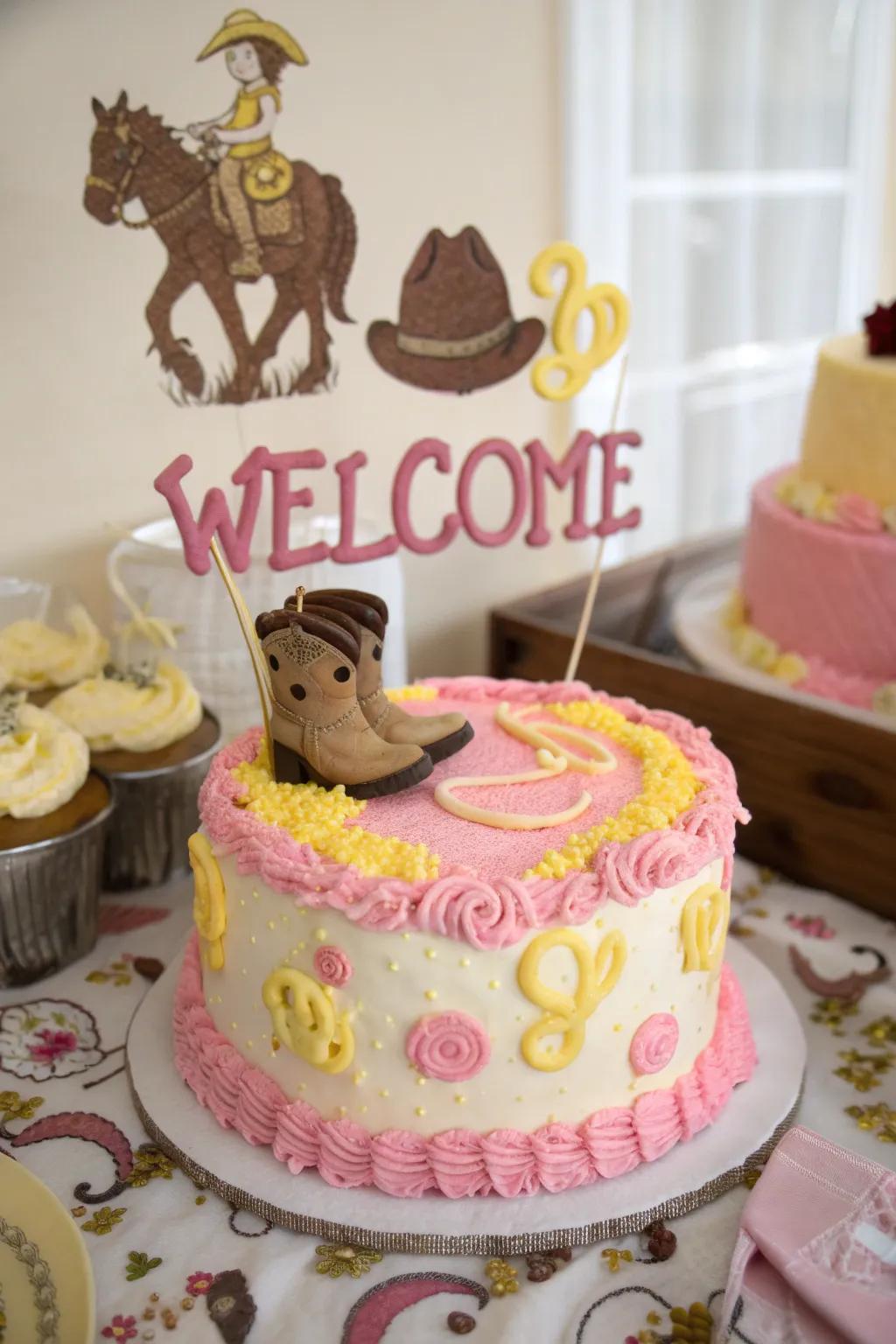 A personalized welcome message renders this cowgirl cake especially meaningful.