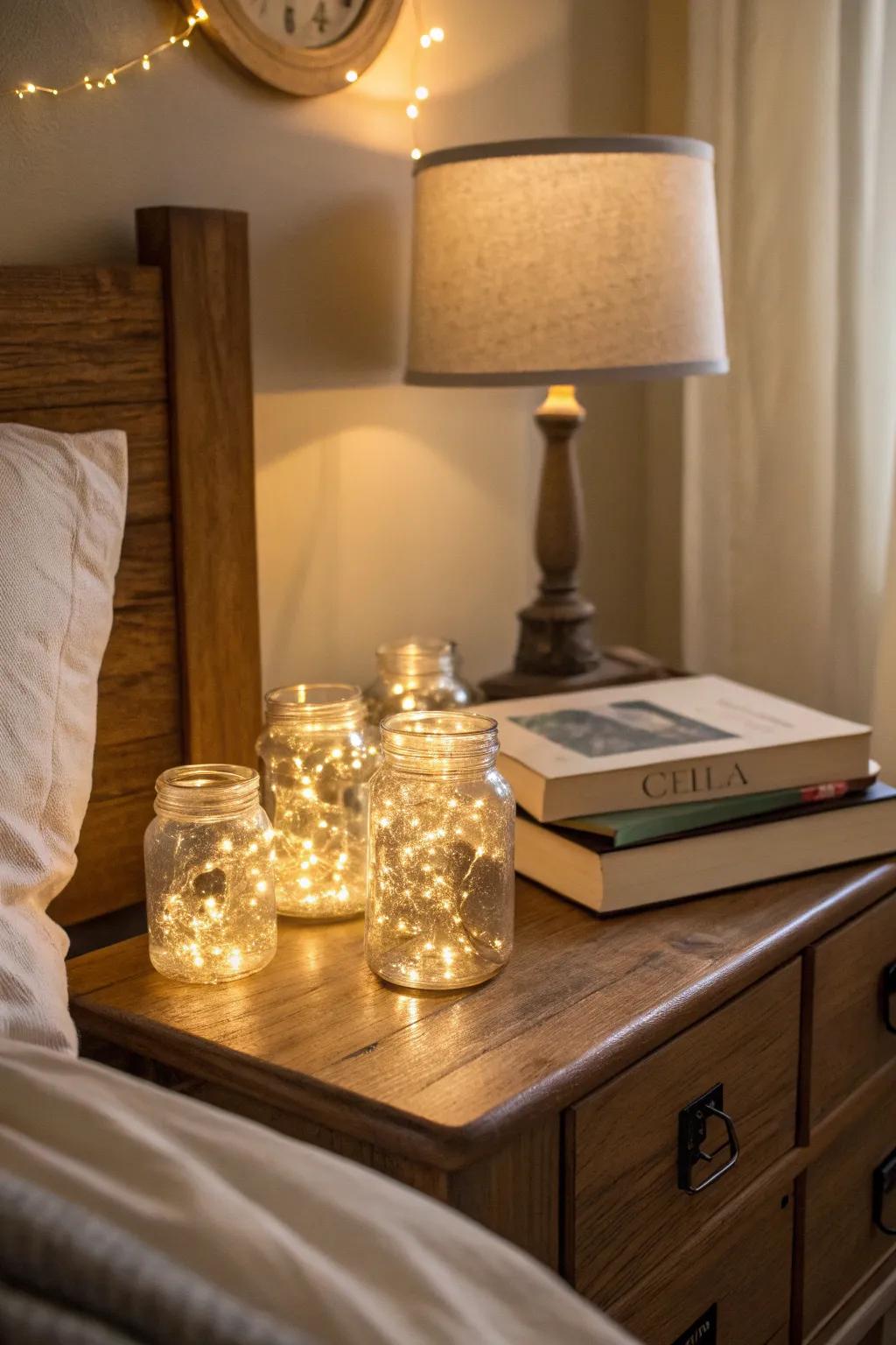 Glass containers filled with twinkle lights on a nightstand.