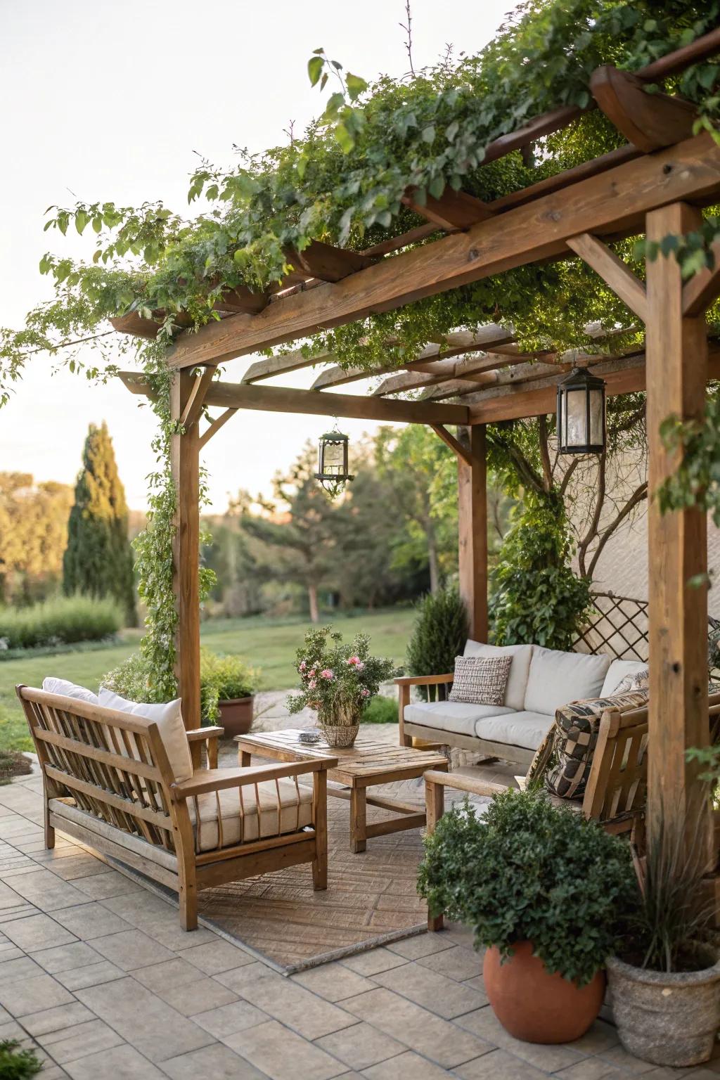 A garden arch creates a comfortable, shaded retreat.