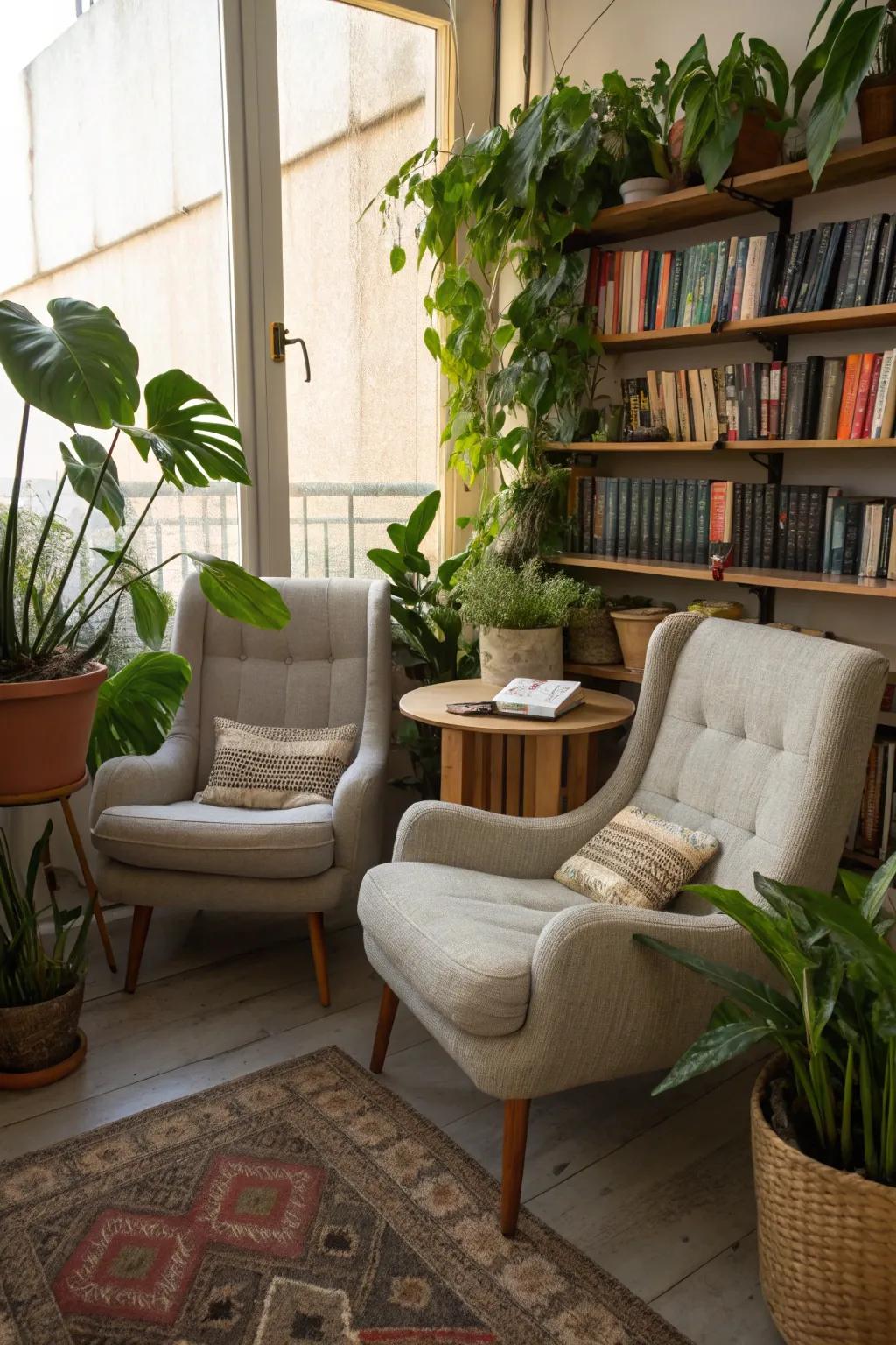 Plants add vibrancy and a refreshing touch to a cozy reading corner.