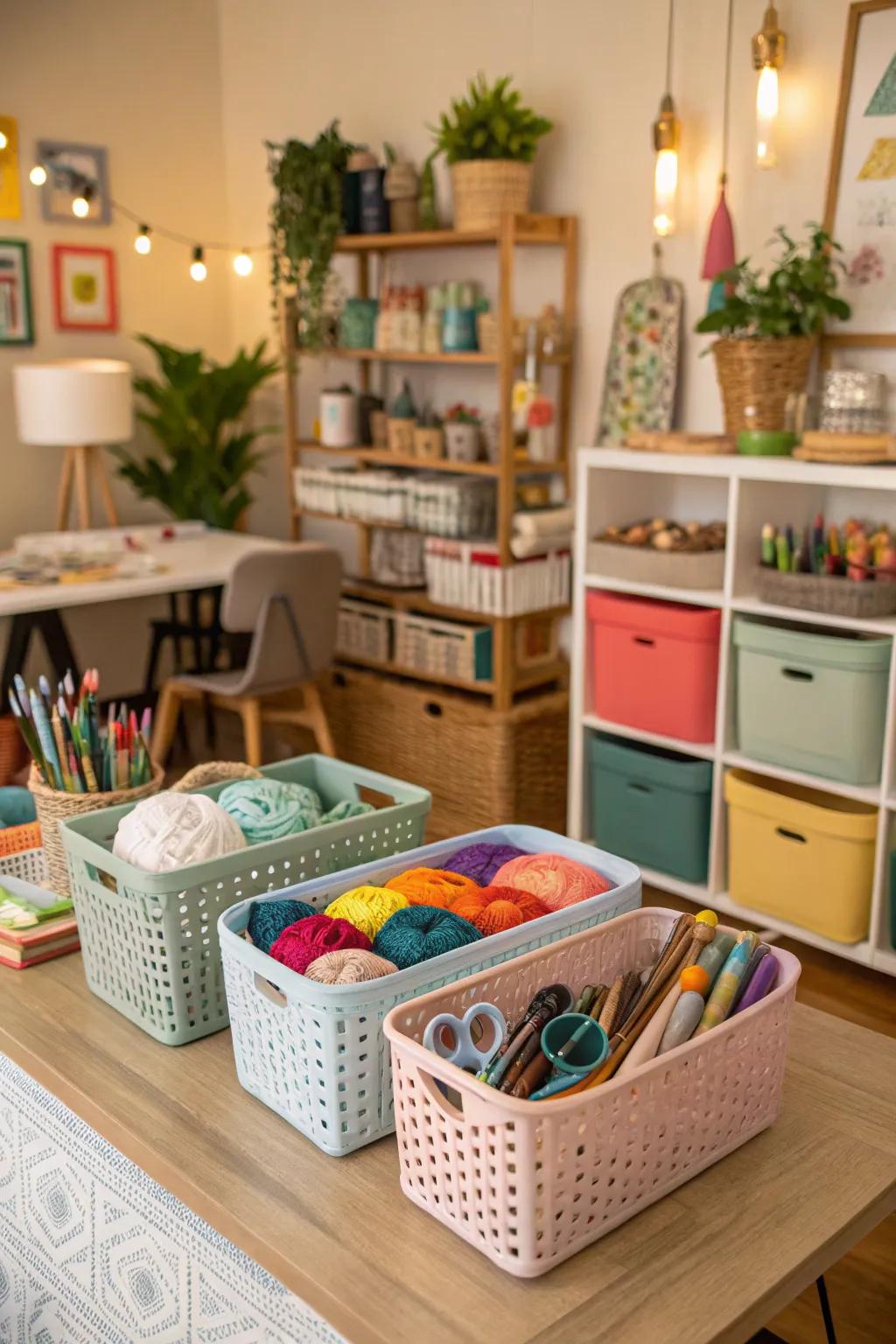 Baskets and bins help categorize and store supplies effectively.