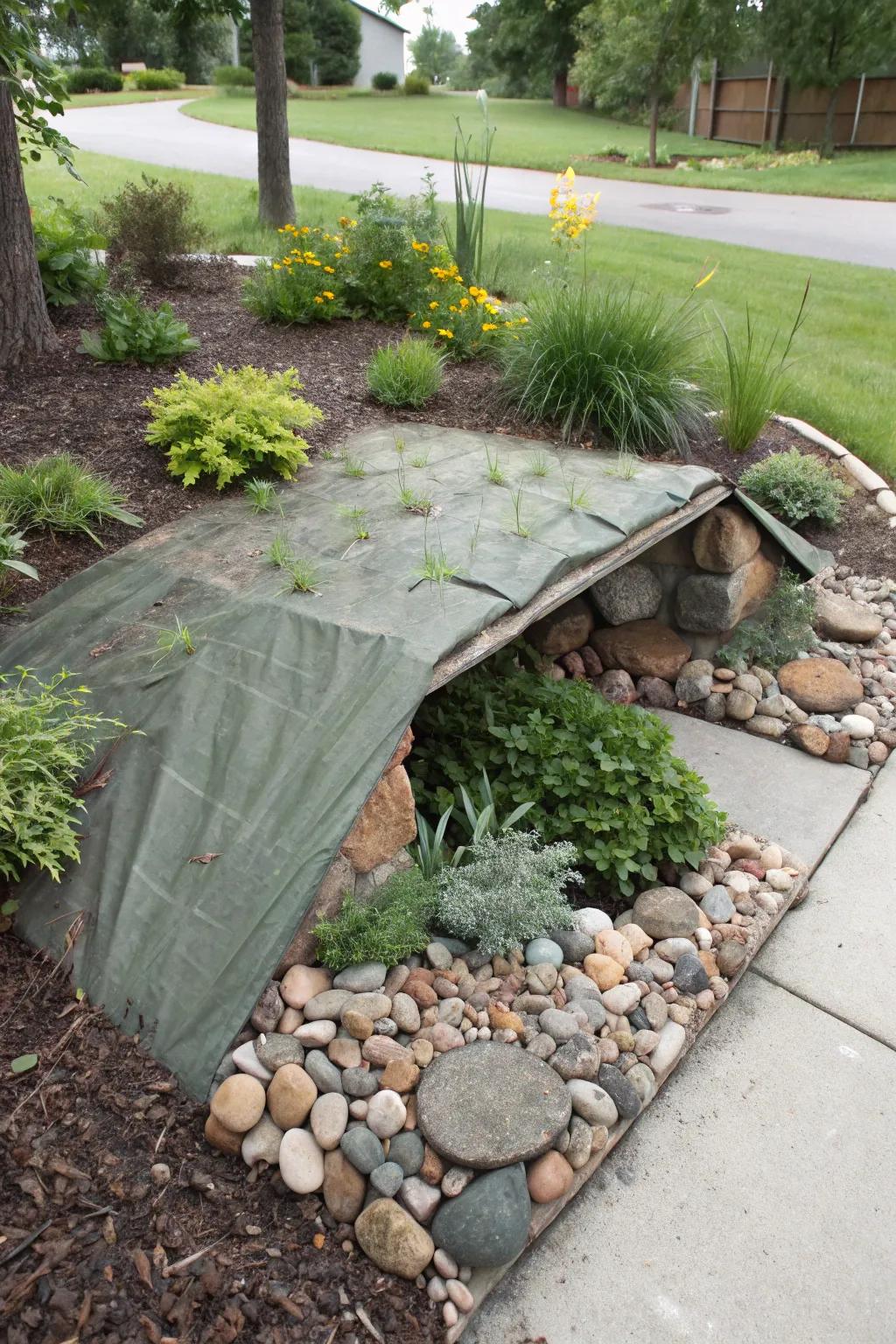 Crawl space cover cleverly hidden within the landscape design.