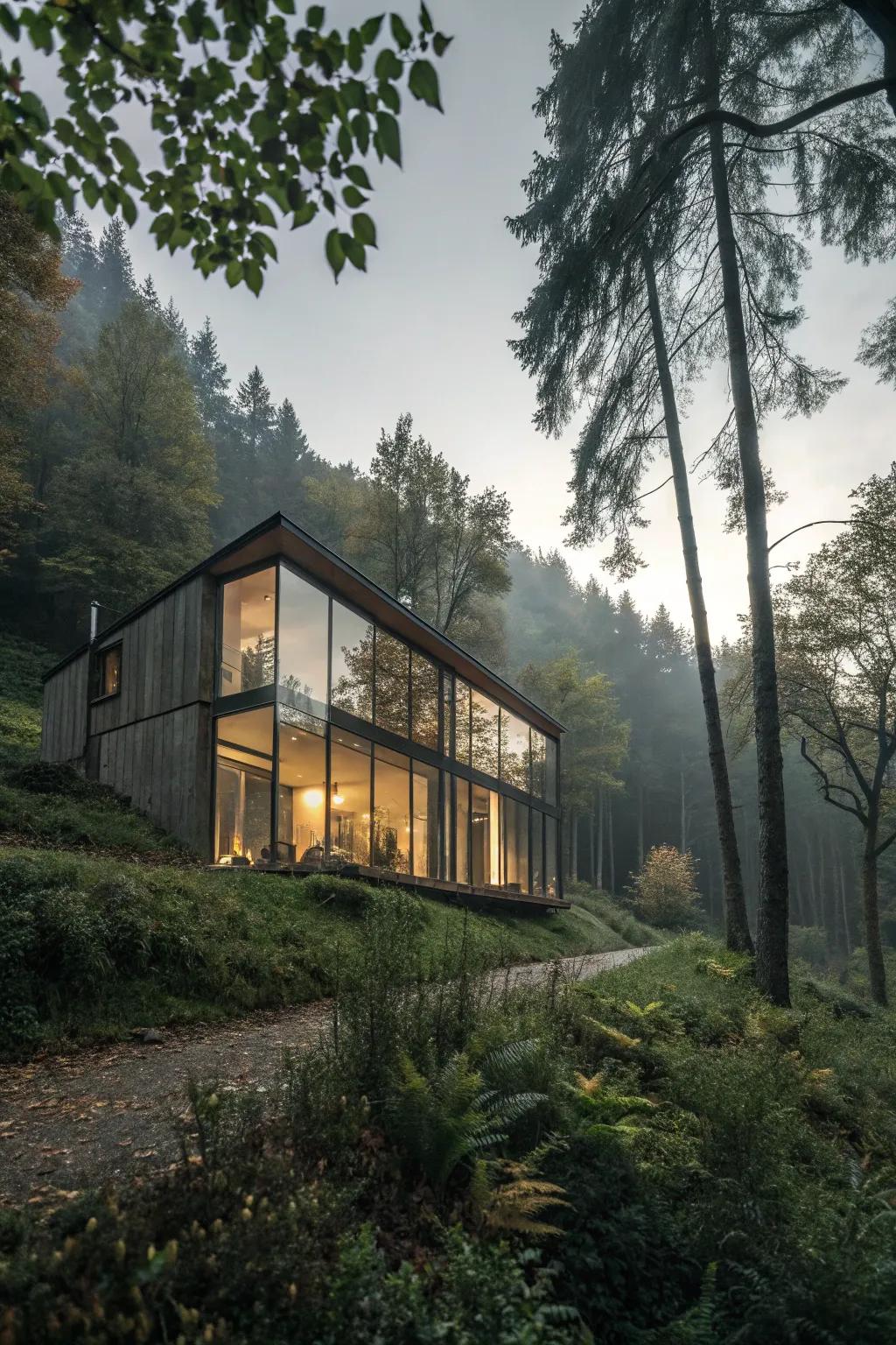 A mirrored house disappearing into its forested surroundings.