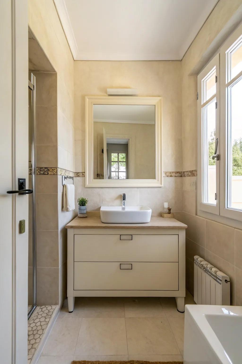 Simple decor brings a sense of peace to this cream bathroom.