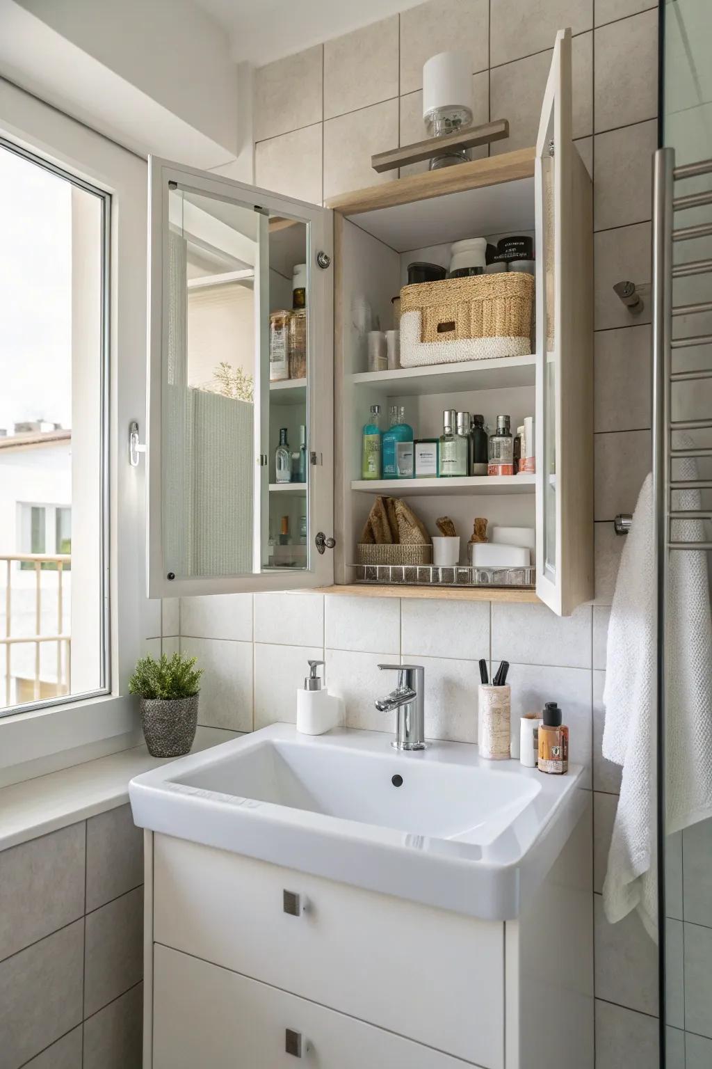 Mirror cabinets elegantly conceal clutter behind a reflective front.