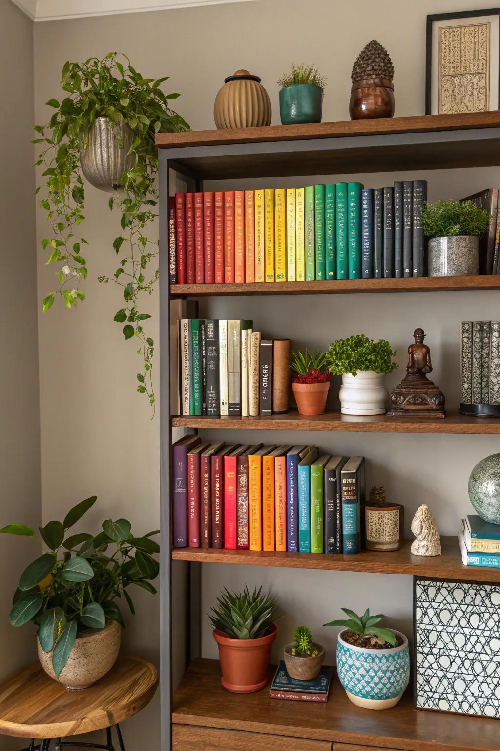 Blend books with decorative items for a unique look.
