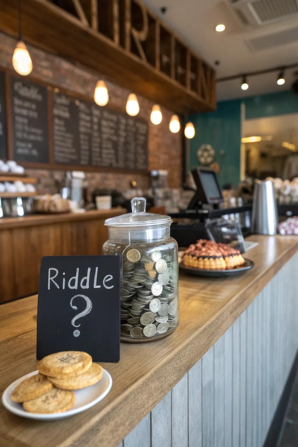 A tip jar inviting customers to solve a riddle