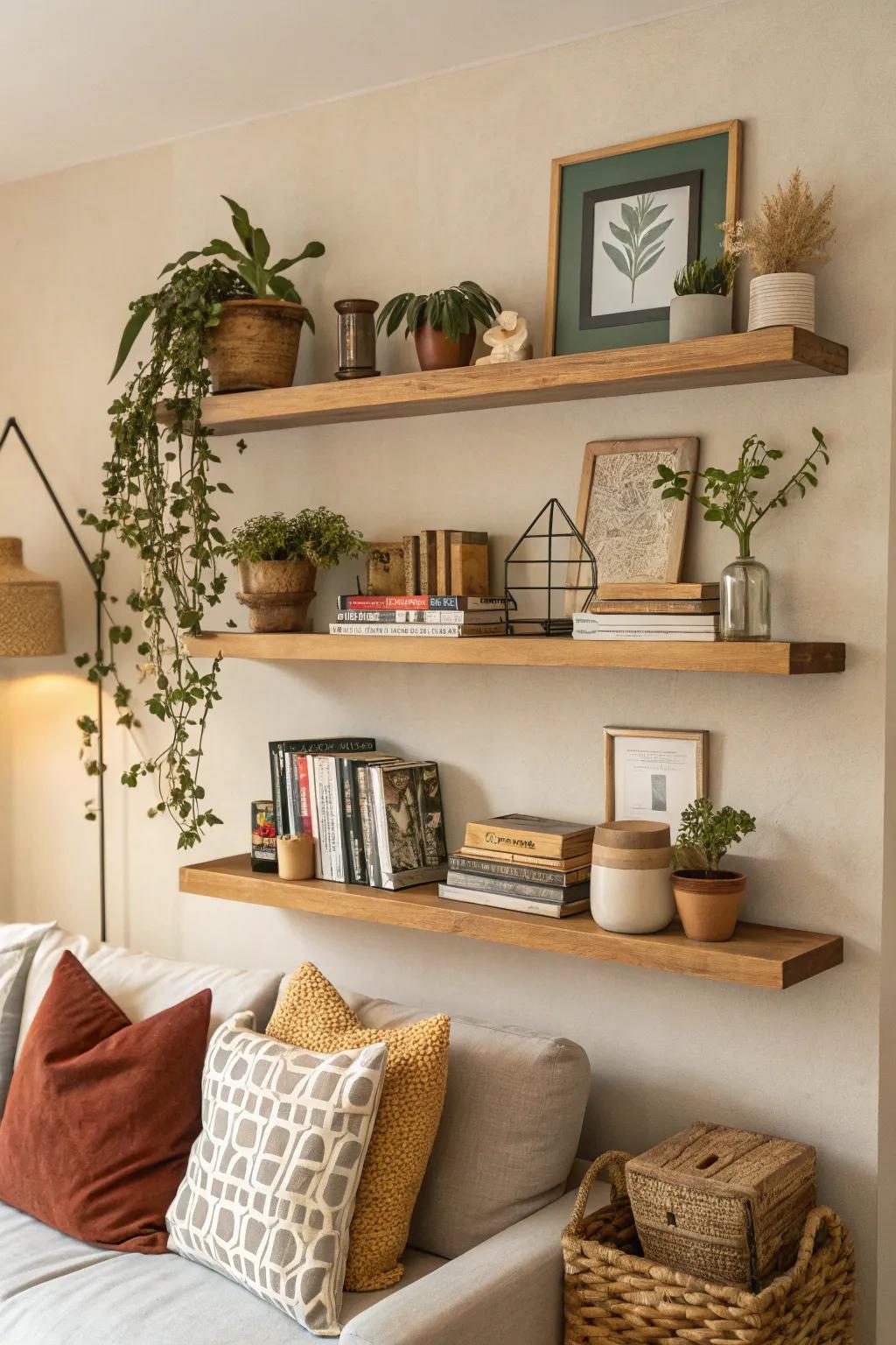 Display shelves showcasing art with an airy vibe.