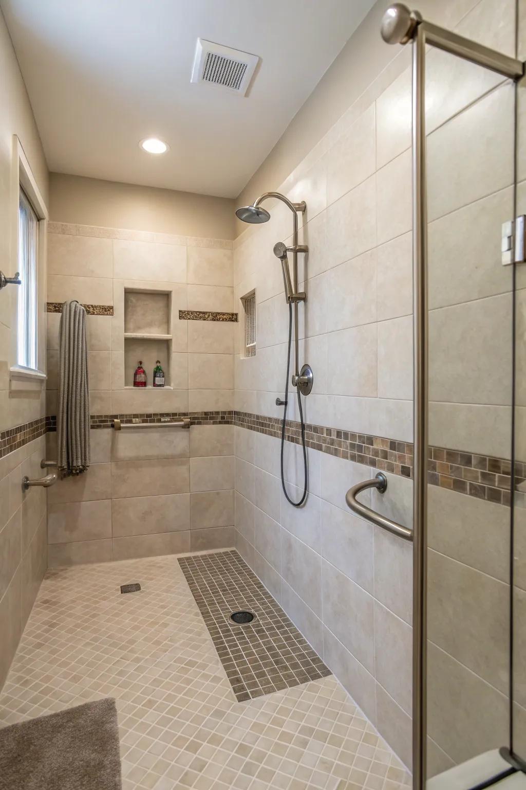 Style meets accessibility in this carefully crafted curbless shower.