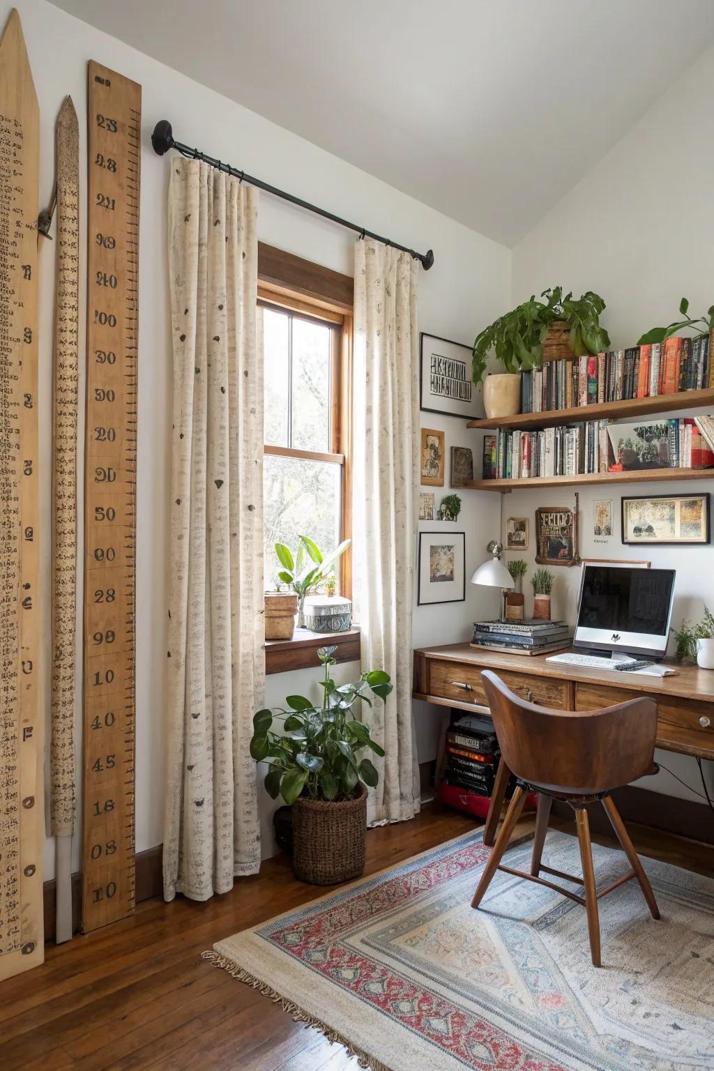 Vintage yardsticks as curtain rods bring a charming retro flair.