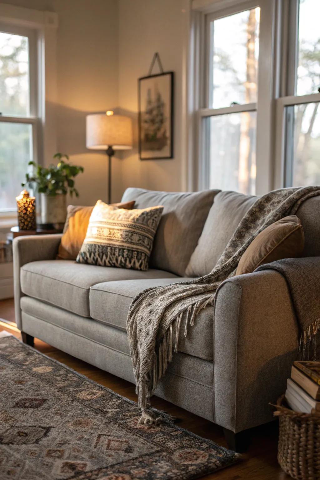 Adorning with throws crafts a snug and inviting sofa arrangement.