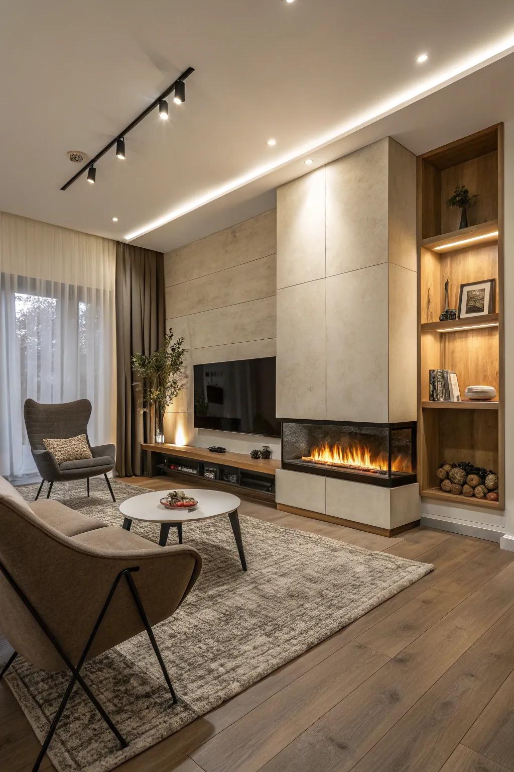 A modern fireplace device combines efficiency with chic design.
