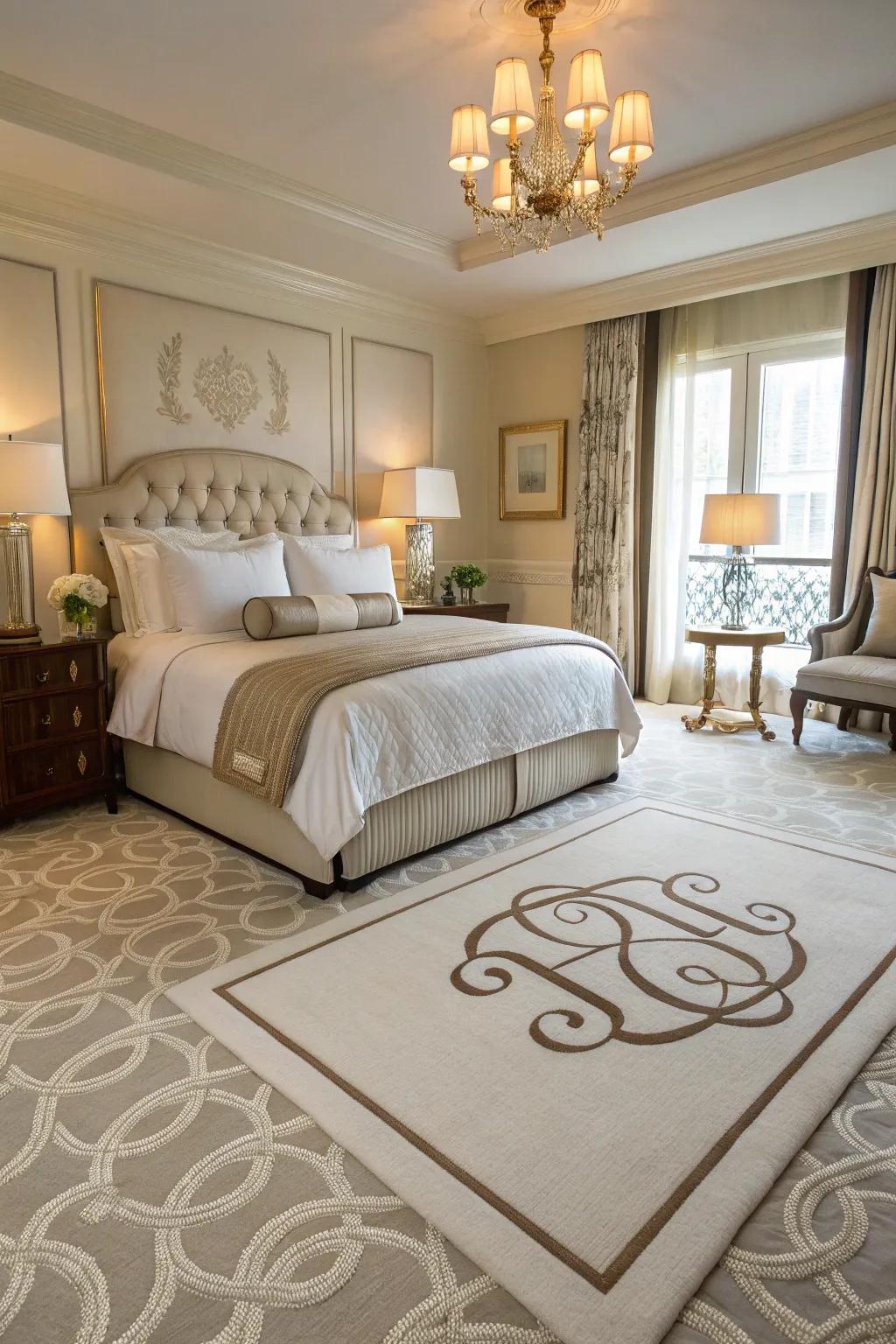 Chic lettered rugs offer a personal and luxurious touch.
