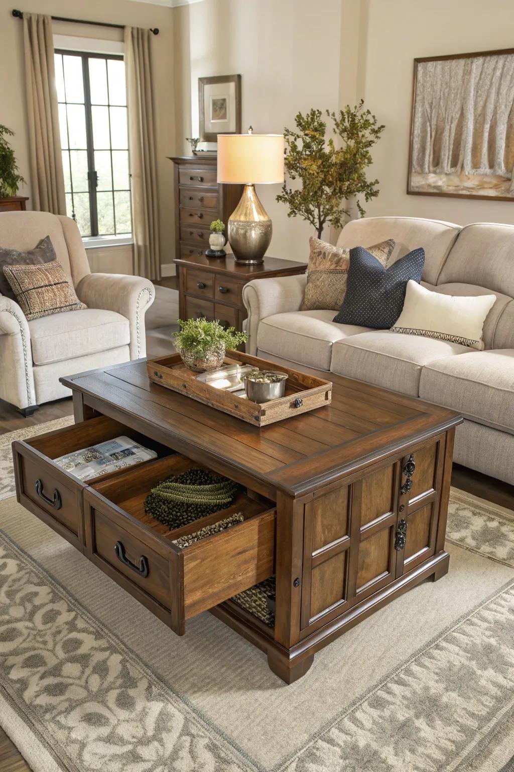 A storage coffee table provides a tidy and elegant look.