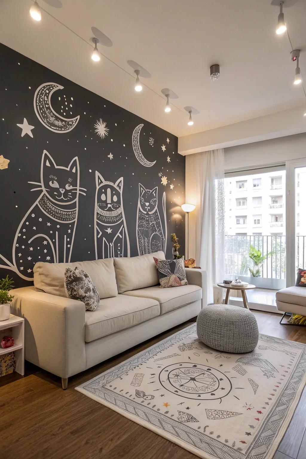 Celestial felines injecting playful sophistication into the gathering space.