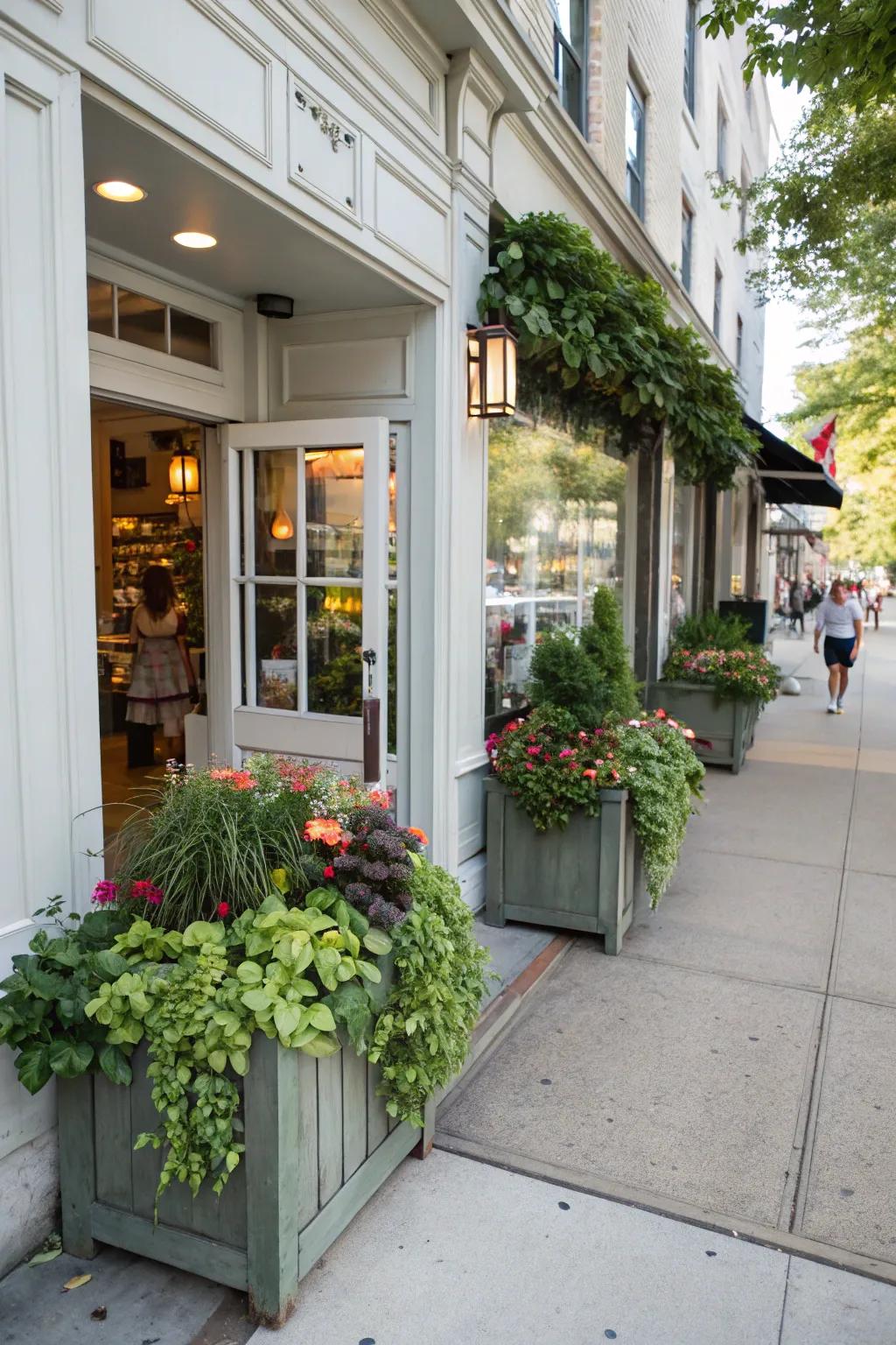 A storefront entrance framed by lush planter boxes, adding a natural touch.