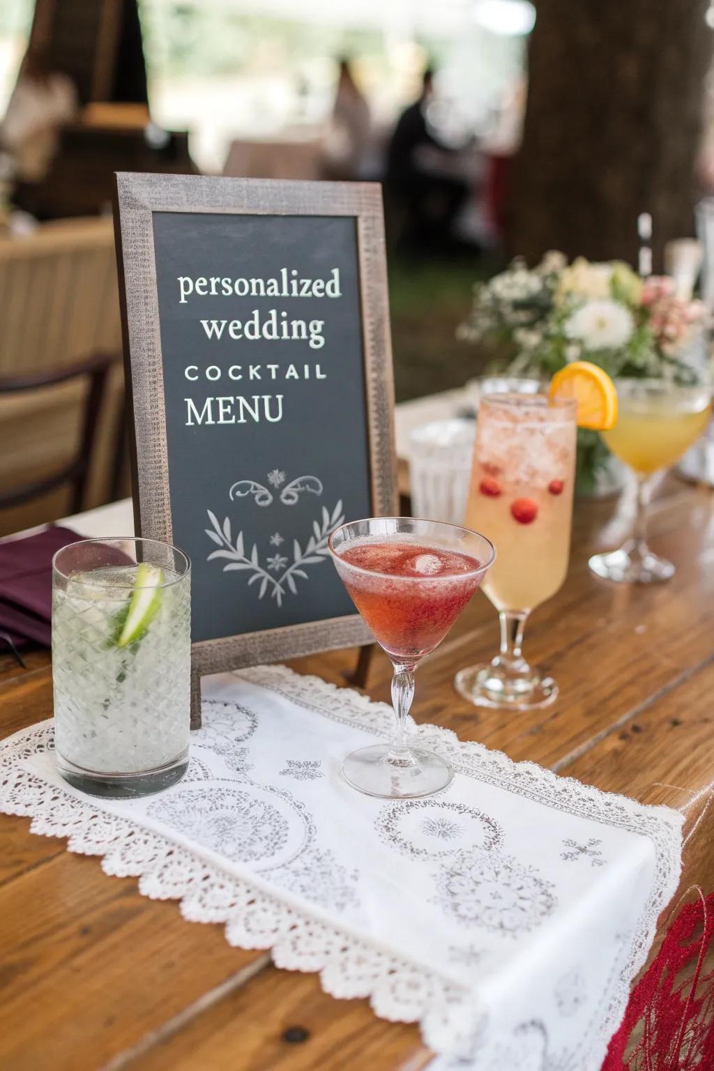 A customized cocktail menu with drinks inspired by love.