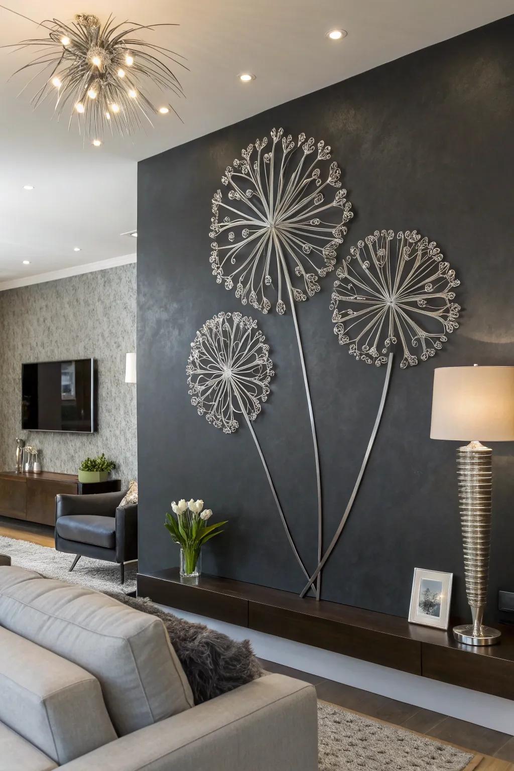 Metallic wall art injects a trendy variation to fleabane decor.