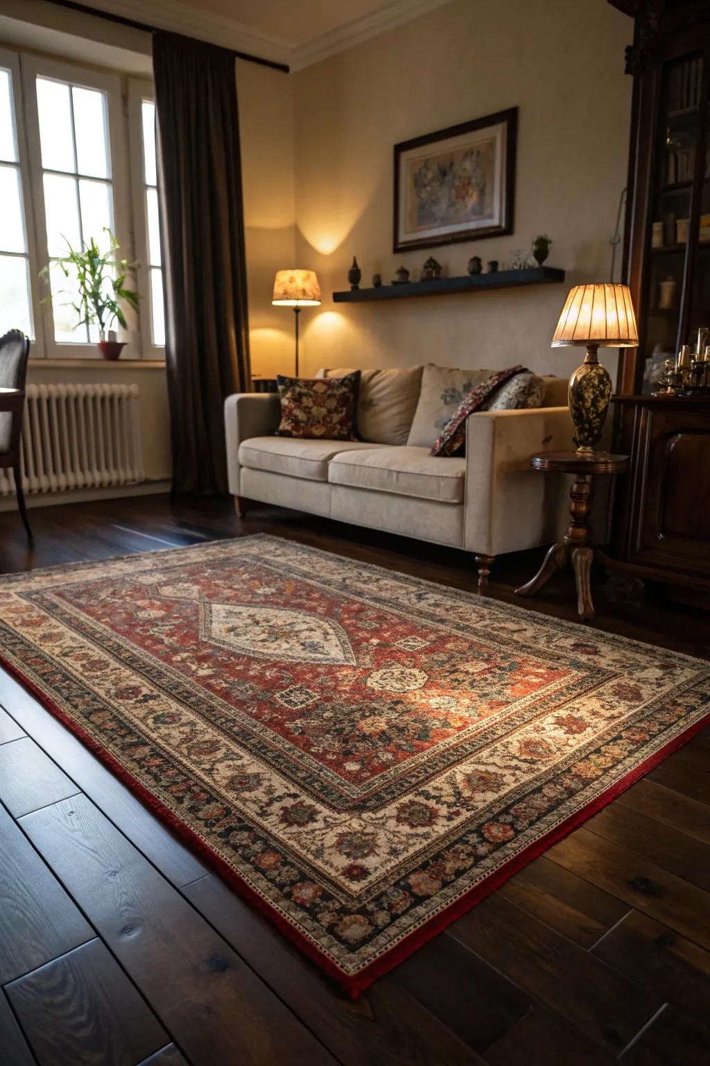 Oriental rugs bring color and warmth to the family room.